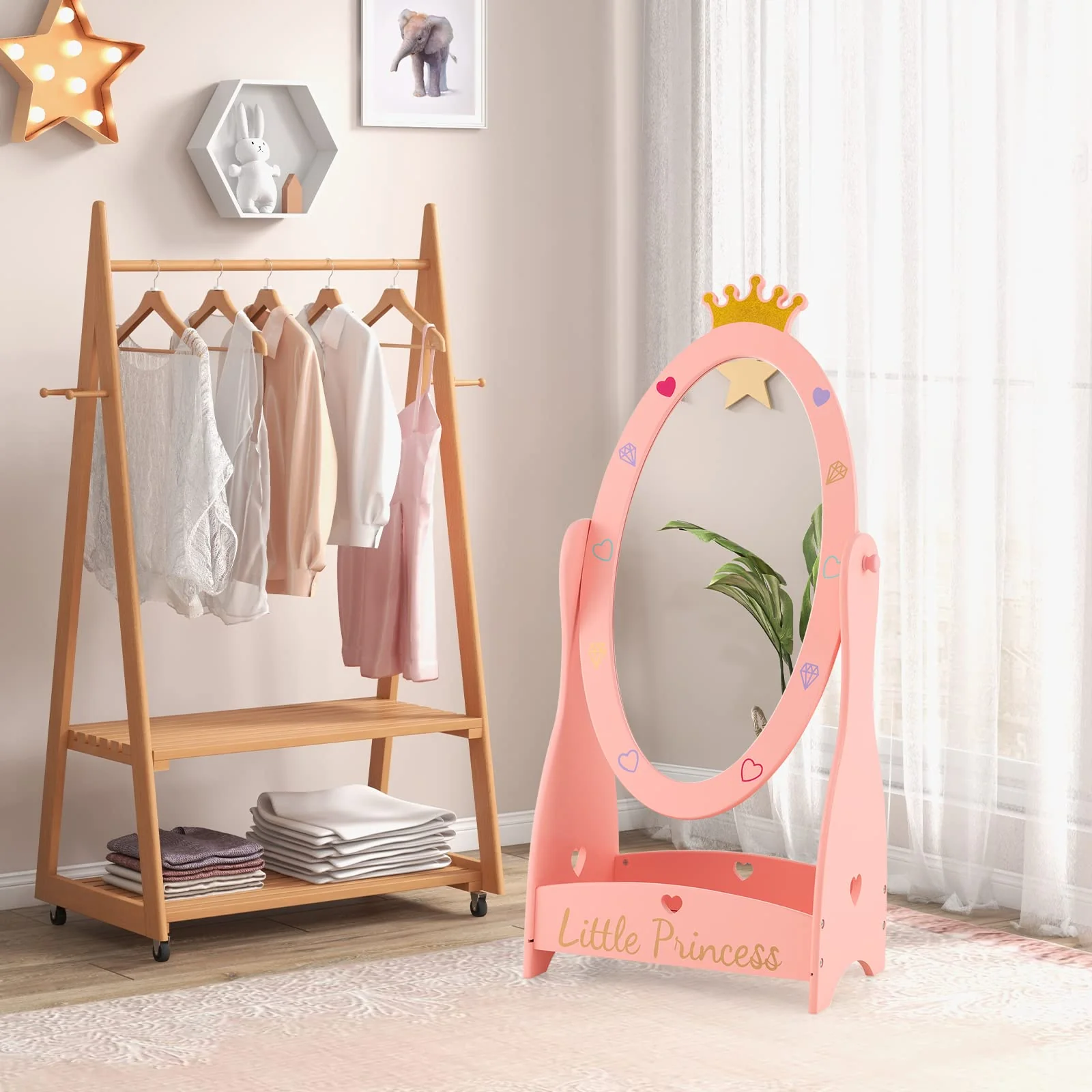 HONEY JOY Kids Full Length Mirror, Princess Floor Free Standing Mirror w/Storage Shelf - Image 3