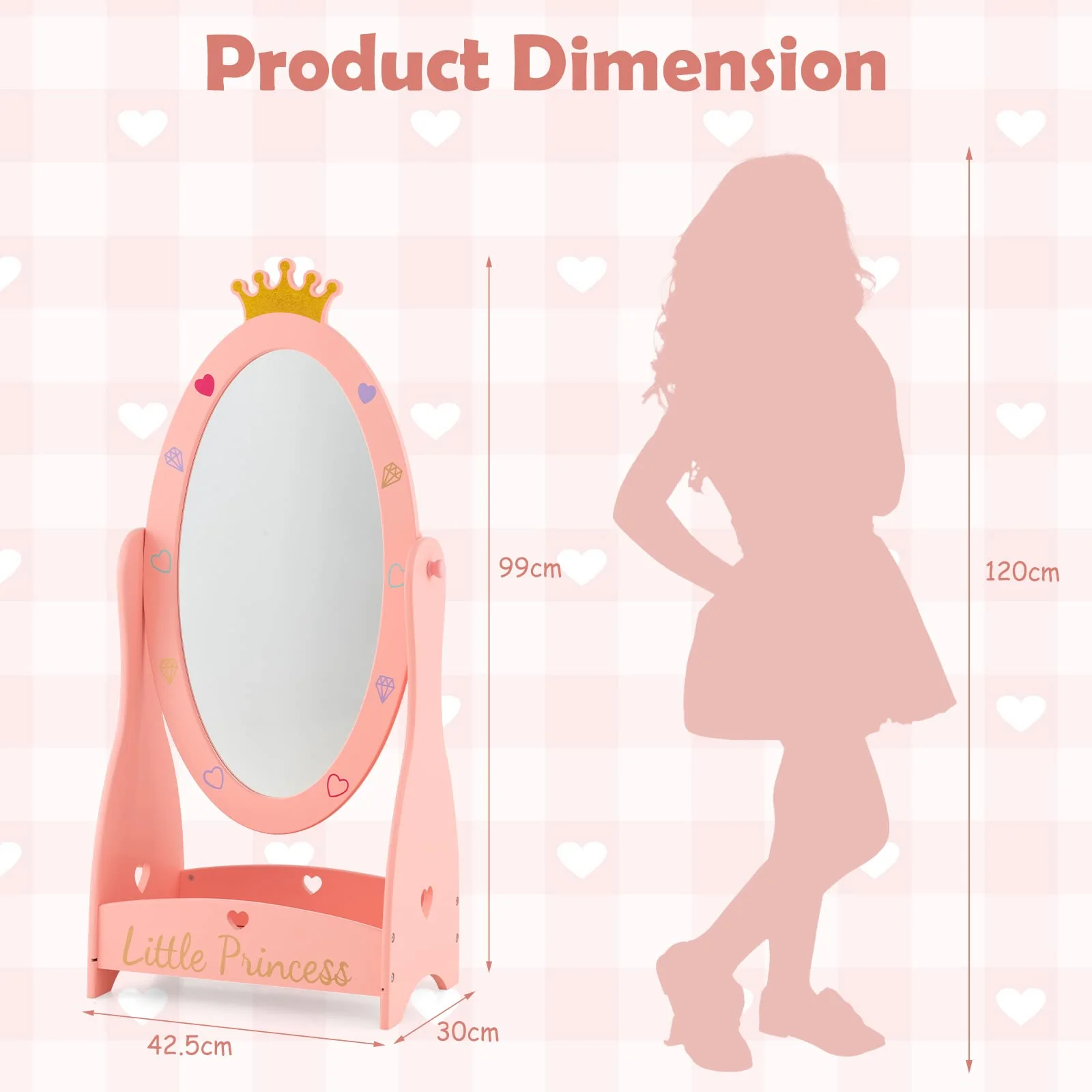 HONEY JOY Kids Full Length Mirror, Princess Floor Free Standing Mirror w/Storage Shelf - Image 6