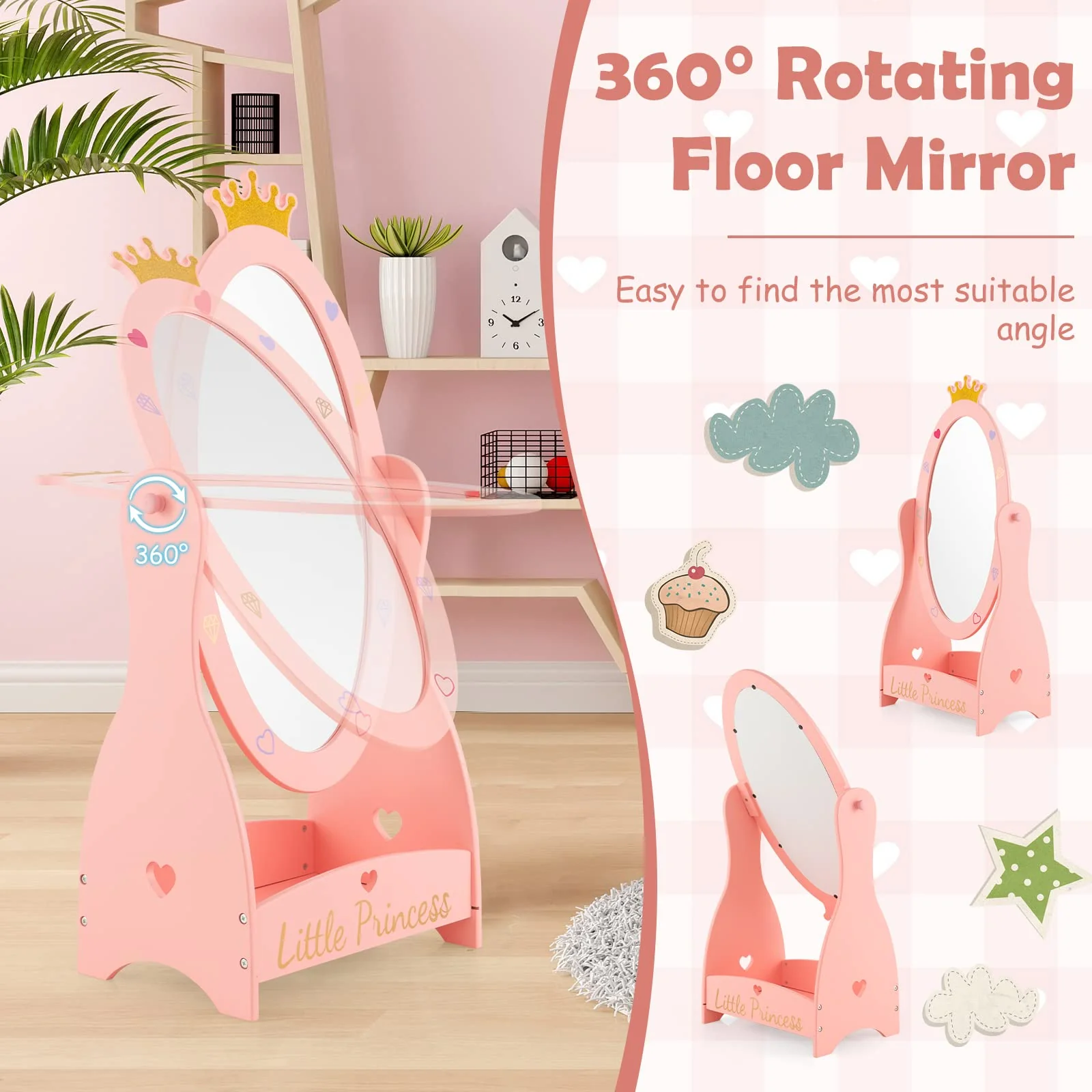 HONEY JOY Kids Full Length Mirror, Princess Floor Free Standing Mirror w/Storage Shelf - Image 7