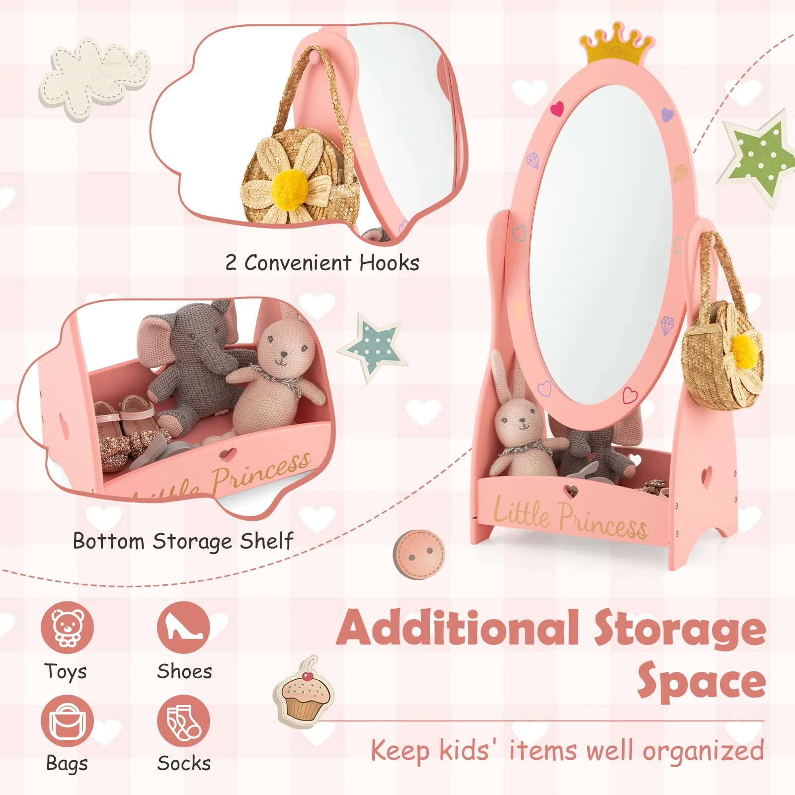 HONEY JOY Kids Full Length Mirror, Princess Floor Free Standing Mirror w/Storage Shelf - Image 8
