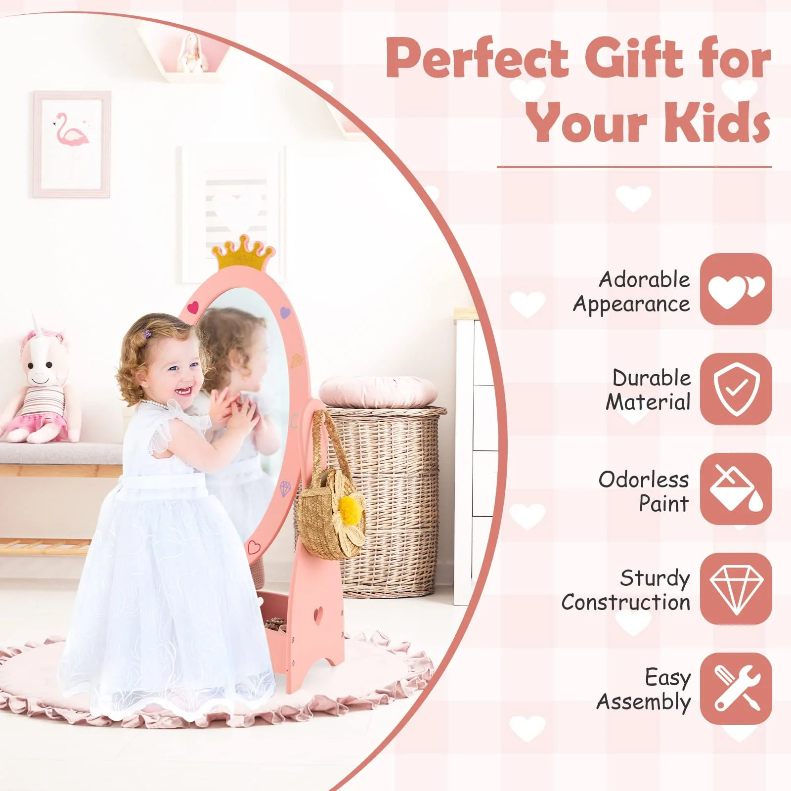 HONEY JOY Kids Full Length Mirror, Princess Floor Free Standing Mirror w/Storage Shelf - Image 9