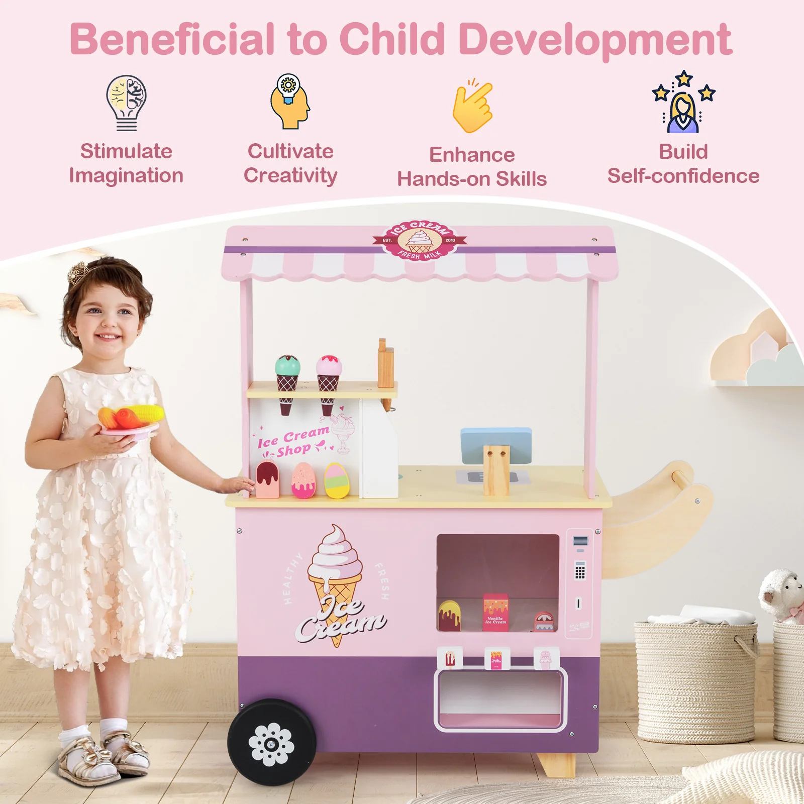 HONEY JOY Kids Ice Cream Cart, Ice Cream Truck Pretend Play Set with Vending Machine & Ice Cream Maker Toys - Image 8