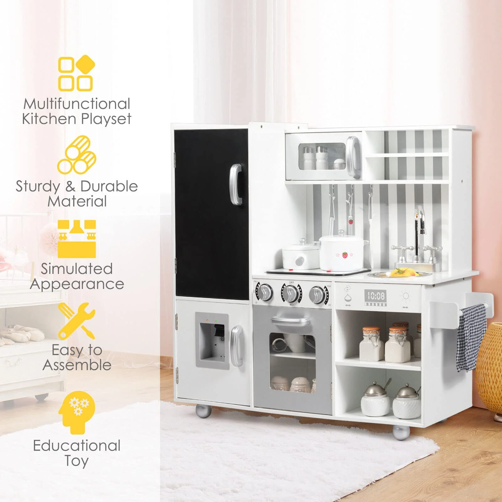 HONEY JOY Kids Kitchen Play Set, Realistic Pretend Playset w/Simulated Sound, Blackboard - Image 7