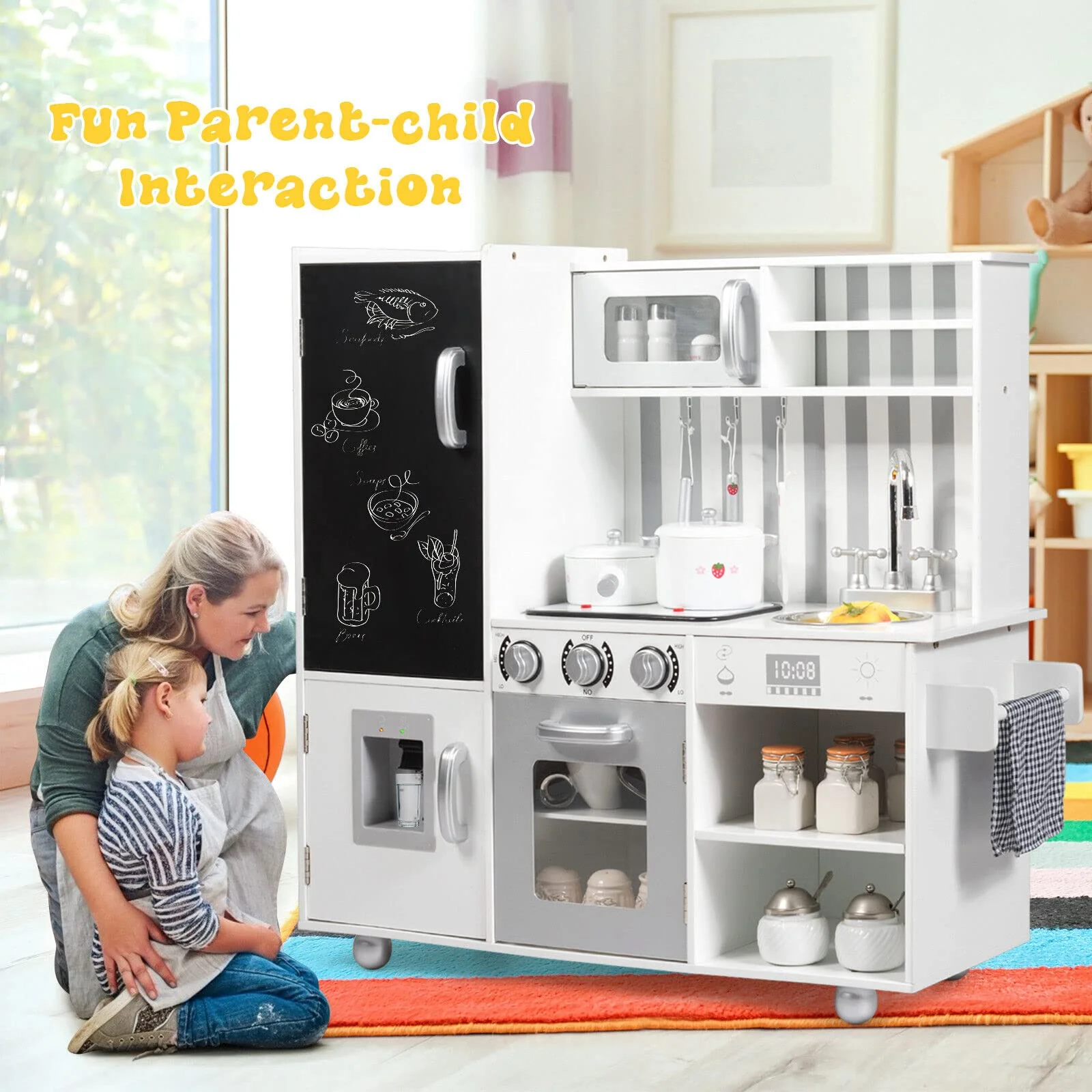 HONEY JOY Kids Kitchen Play Set, Realistic Pretend Playset w/Simulated Sound, Blackboard - Image 9