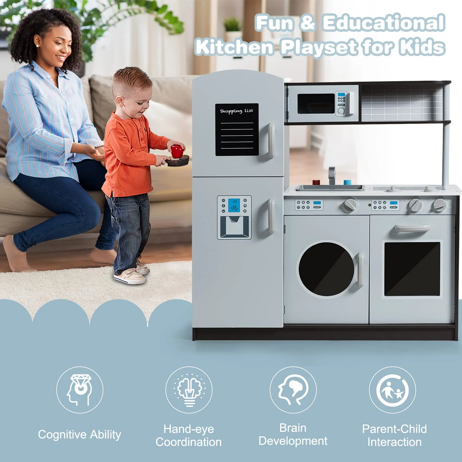 HONEY JOY Kids Kitchen Playset, Pretend Cooking Play Toy Set with Blackboard, Washing Machine - Image 3
