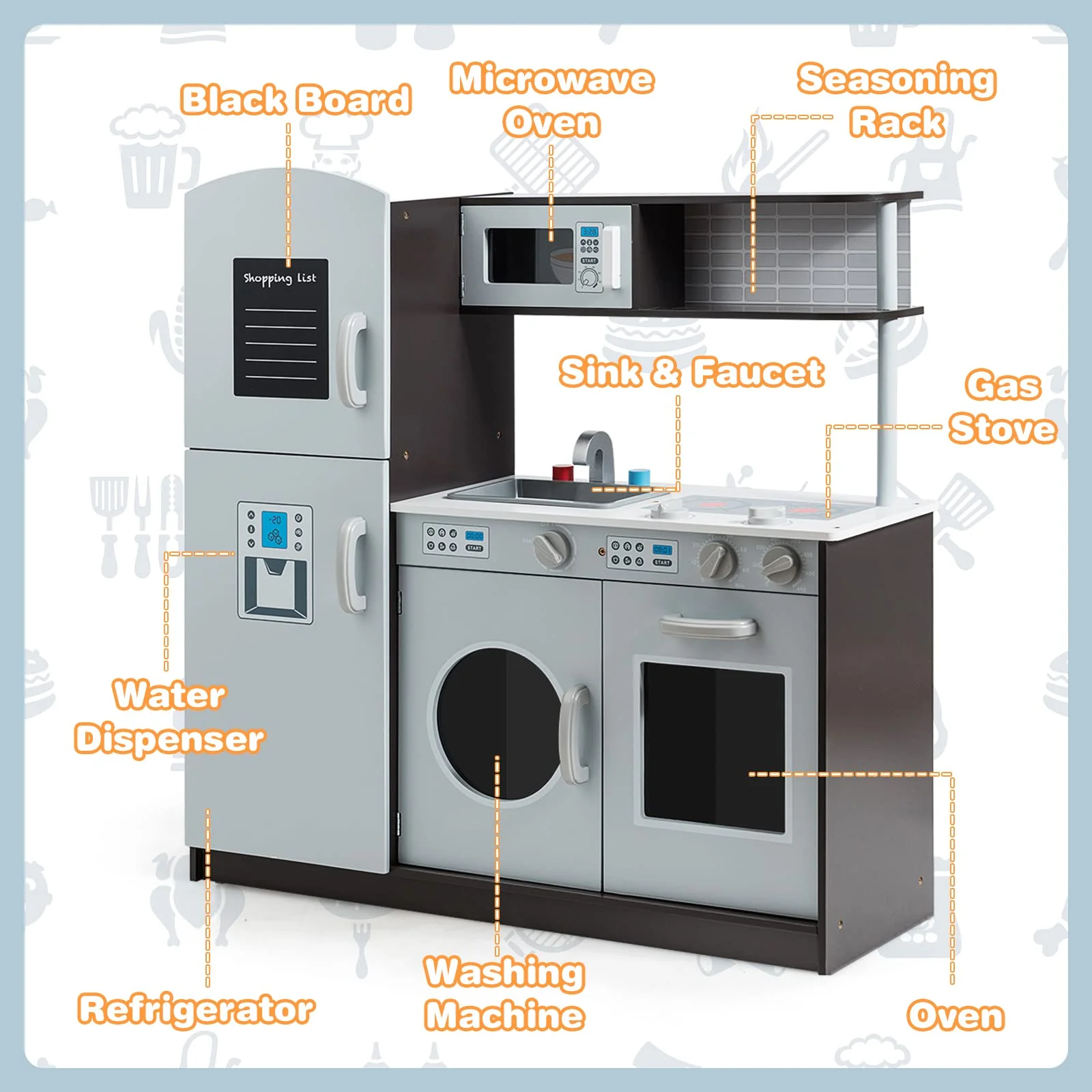HONEY JOY Kids Kitchen Playset, Pretend Cooking Play Toy Set with Blackboard, Washing Machine - Image 4