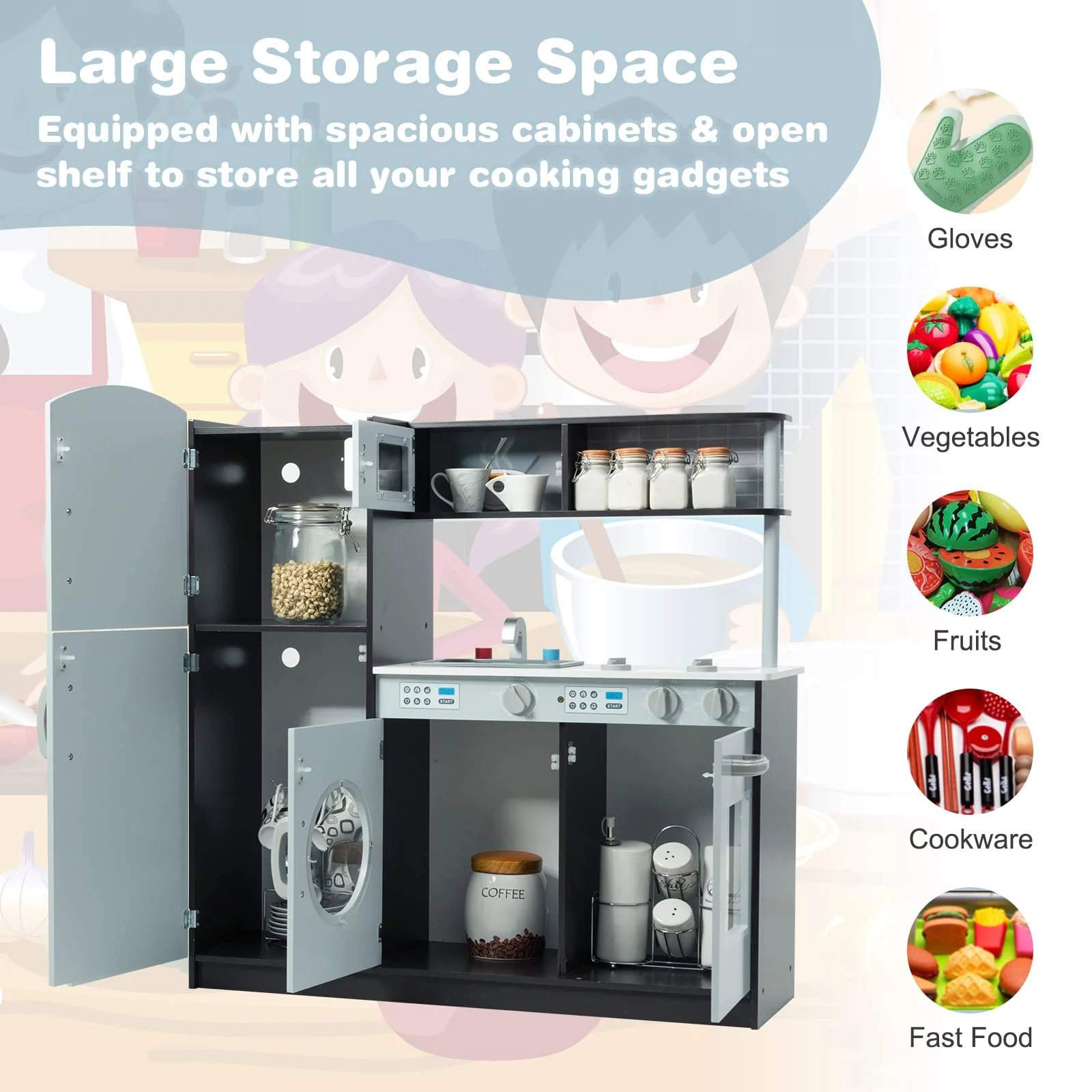 HONEY JOY Kids Kitchen Playset, Pretend Cooking Play Toy Set with Blackboard, Washing Machine - Image 7