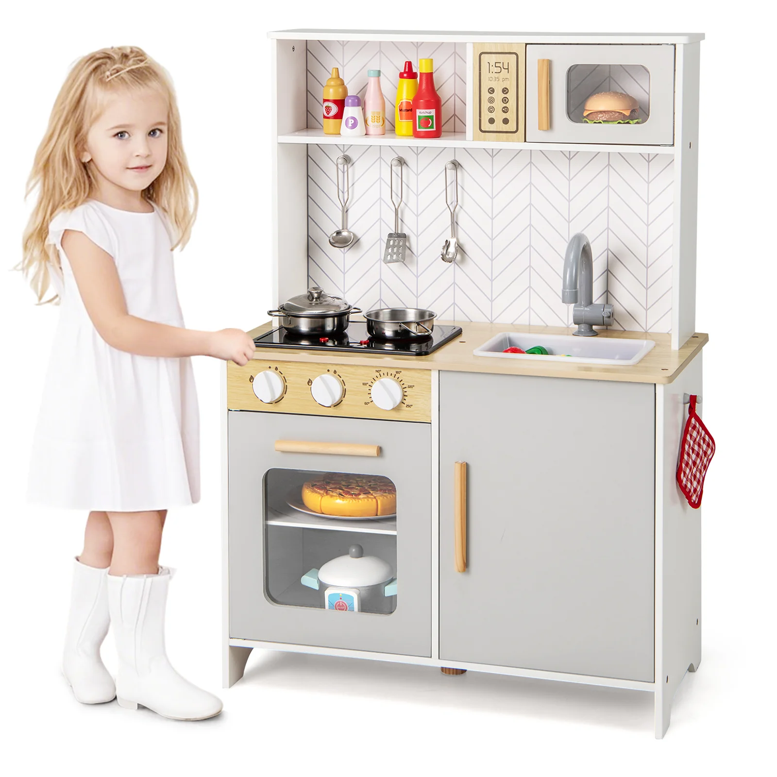 HONEY JOY Kids Kitchen Playset, Pretend Play Kitchen Set with Lights & Sounds, Stove - Image 10