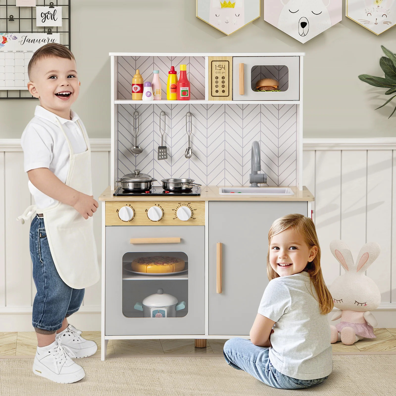 HONEY JOY Kids Kitchen Playset, Pretend Play Kitchen Set with Lights & Sounds, Stove - Image 2