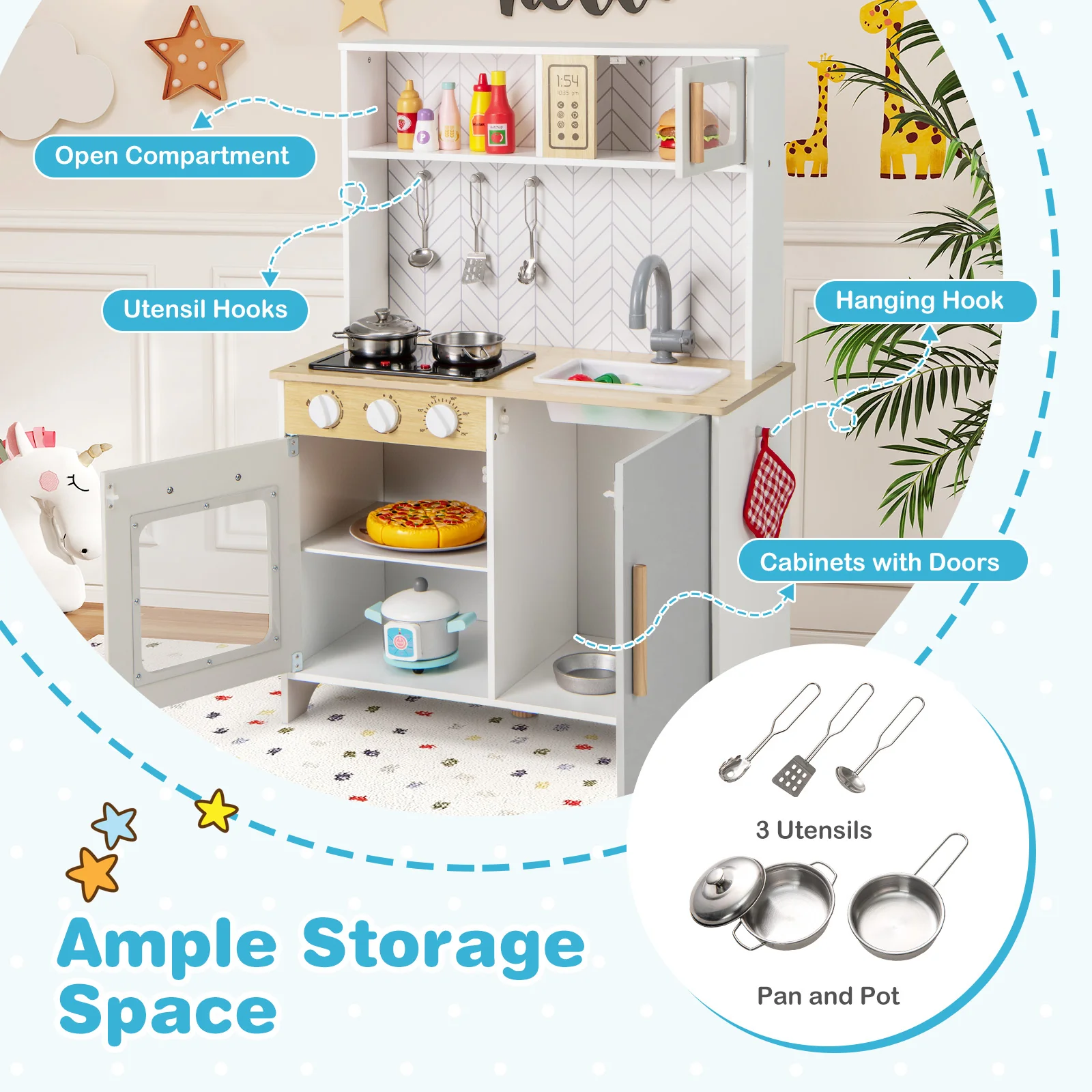 HONEY JOY Kids Kitchen Playset, Pretend Play Kitchen Set with Lights & Sounds, Stove - Image 6