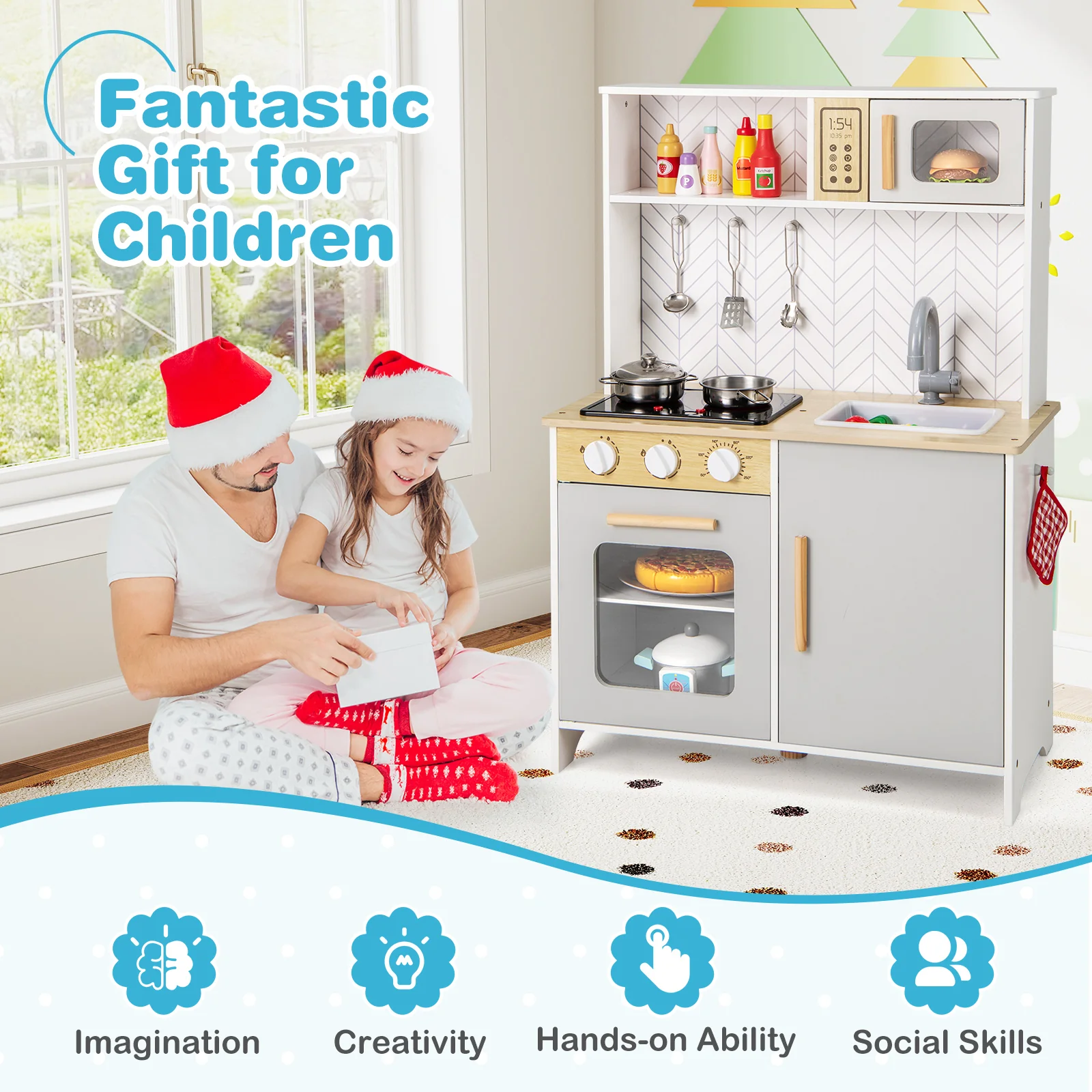 HONEY JOY Kids Kitchen Playset, Pretend Play Kitchen Set with Lights & Sounds, Stove - Image 7