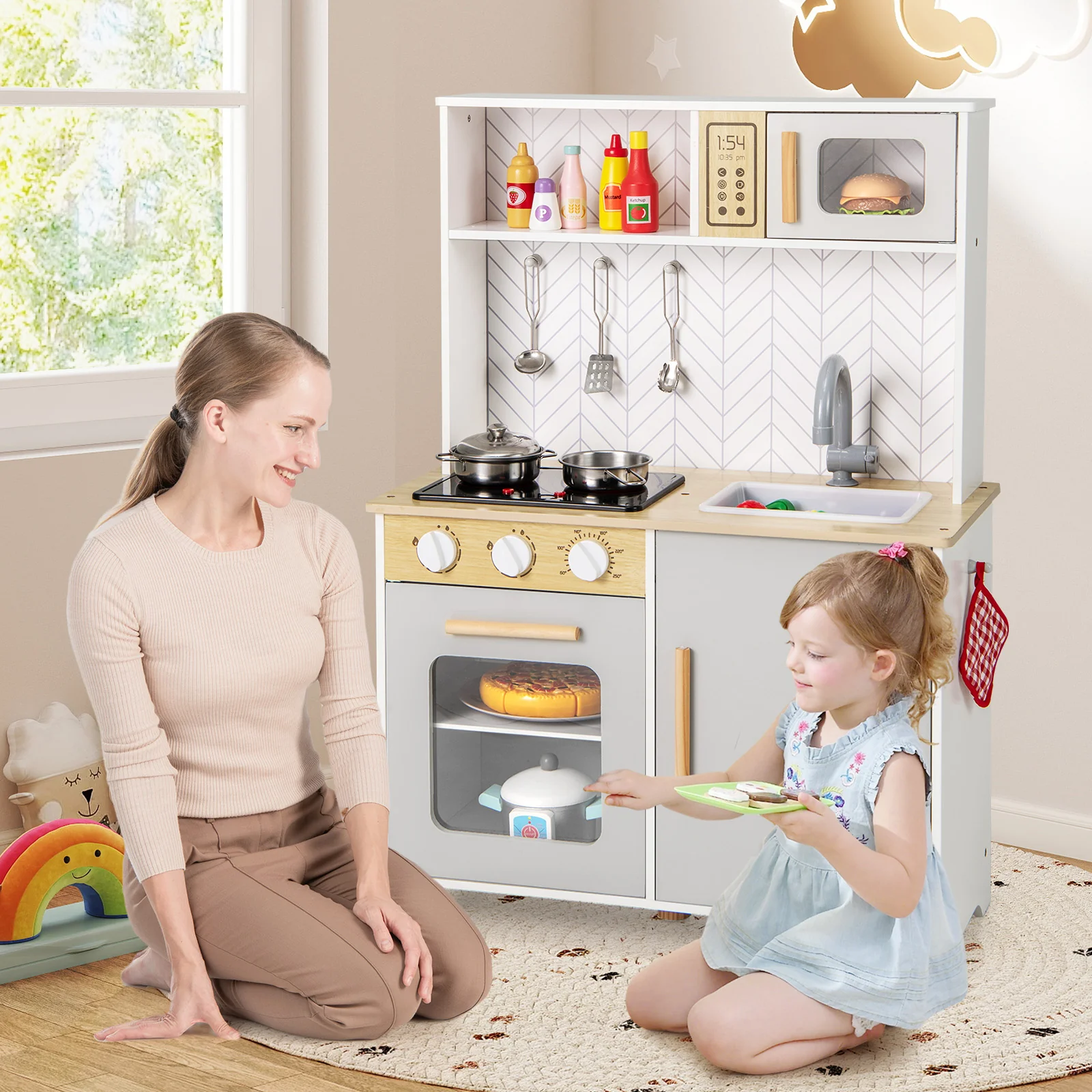 HONEY JOY Kids Kitchen Playset, Pretend Play Kitchen Set with Lights & Sounds, Stove - Image 9