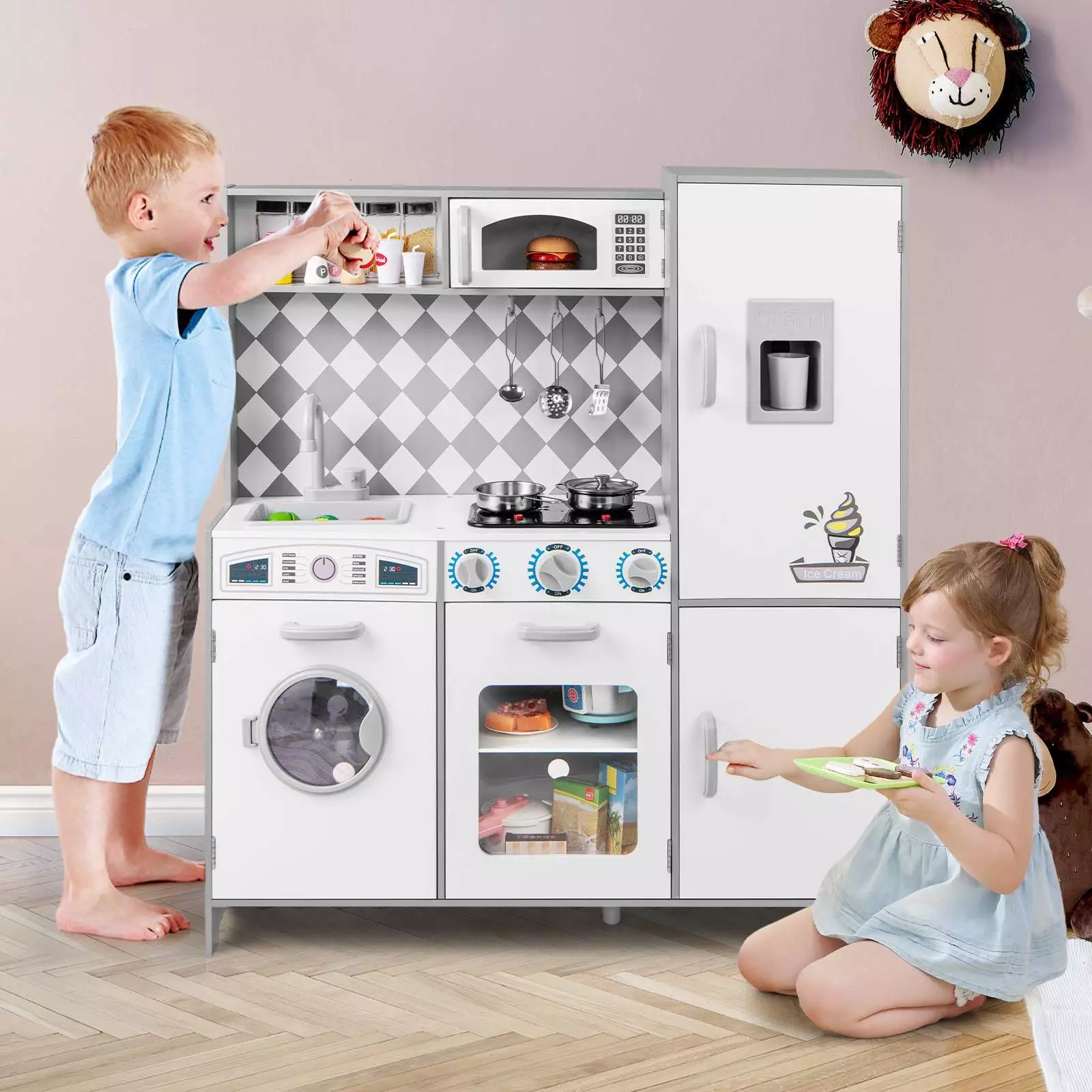 HONEY JOY Kids Kitchen Playset Pretend Play Kitchen Toy Set w/Washing Machine - Image 3