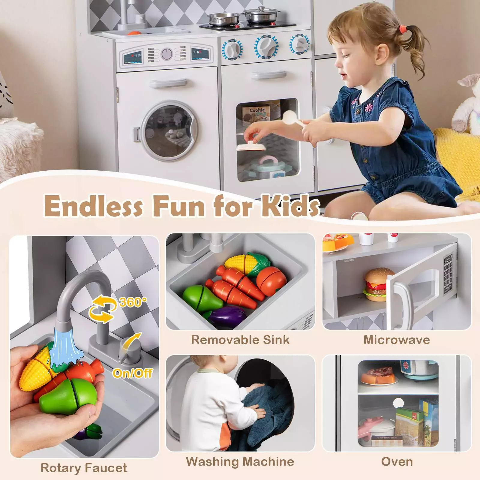 HONEY JOY Kids Kitchen Playset Pretend Play Kitchen Toy Set w/Washing Machine - Image 8