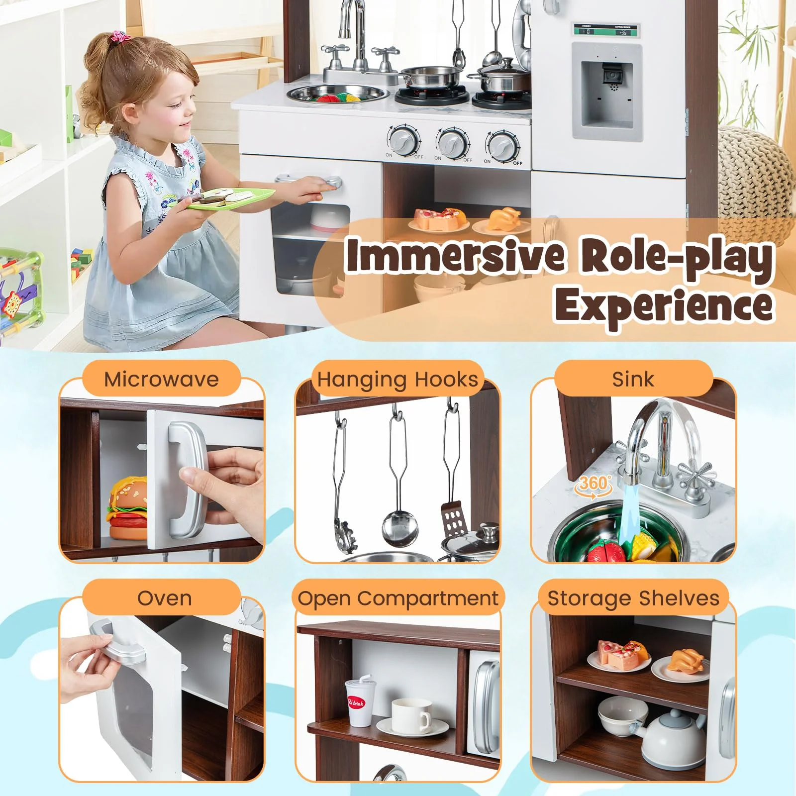 HONEY JOY Kids Kitchen Playset, Pretend Play Kitchen Toy w/Realistic Sounds & Lights - Image 4