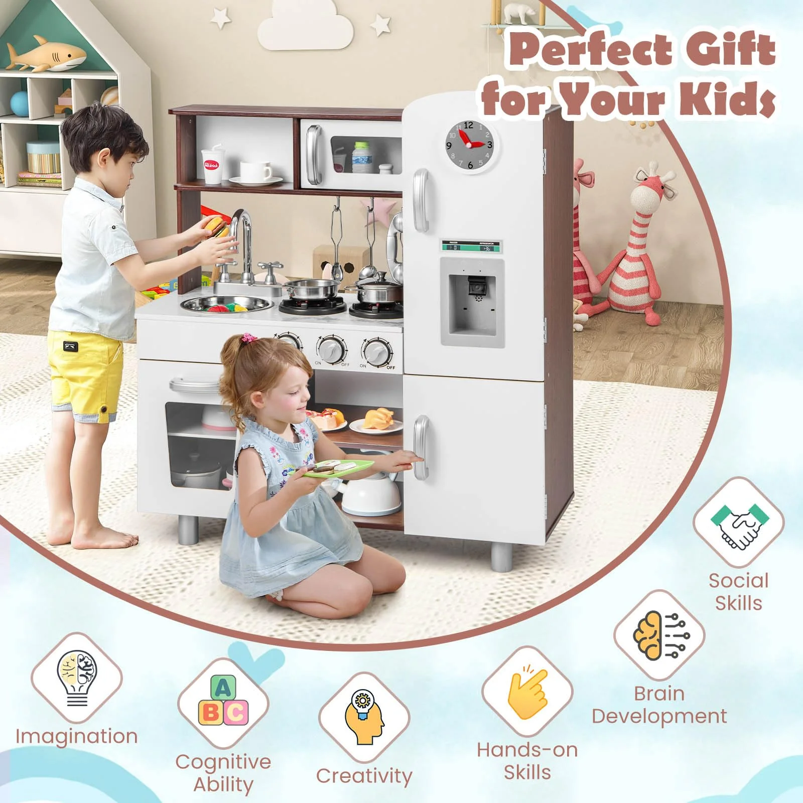 HONEY JOY Kids Kitchen Playset, Pretend Play Kitchen Toy w/Realistic Sounds & Lights - Image 8