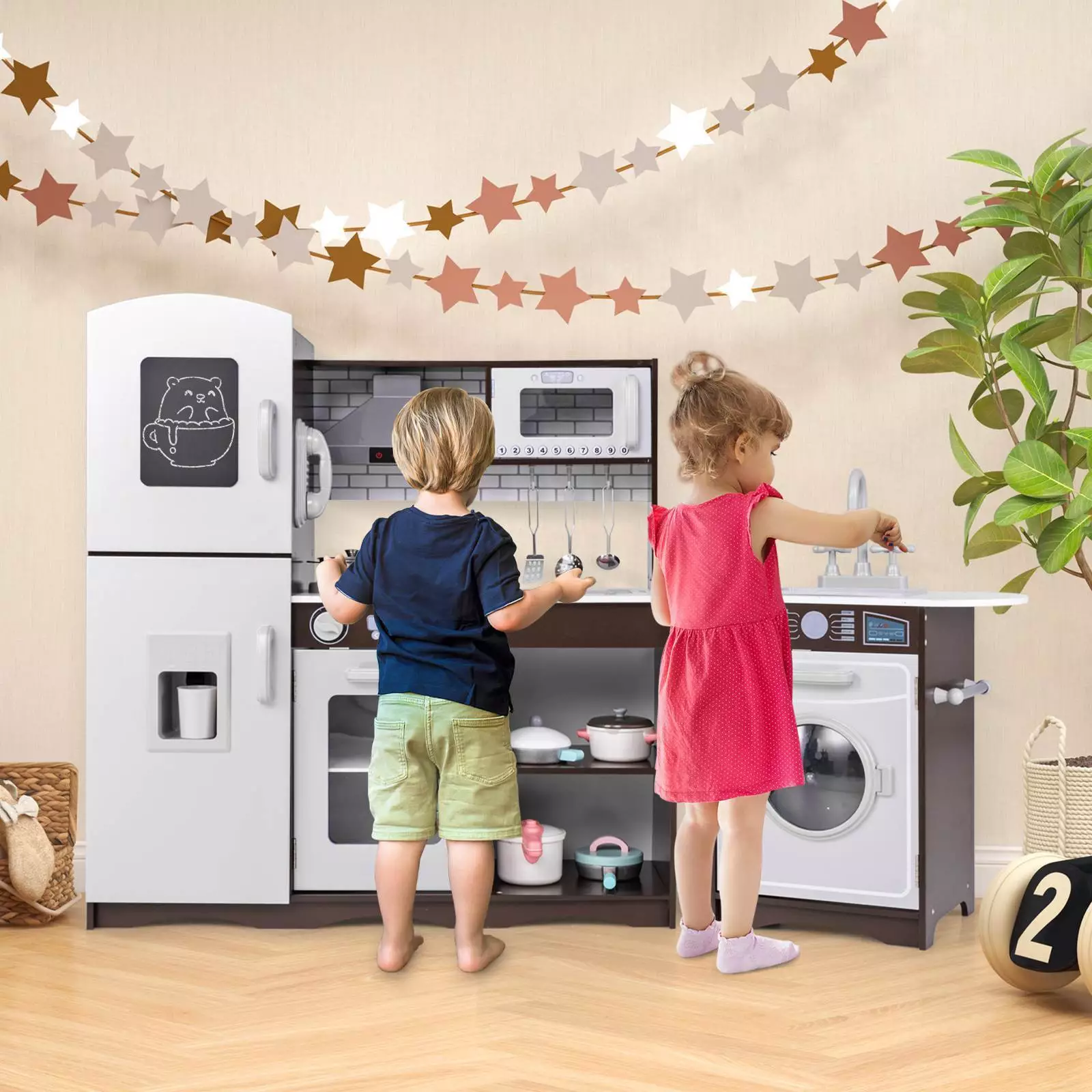 HONEY JOY Kids Kitchen Playset Wooden Corner Play Kitchen Cooking Stove Play Set - Image 2