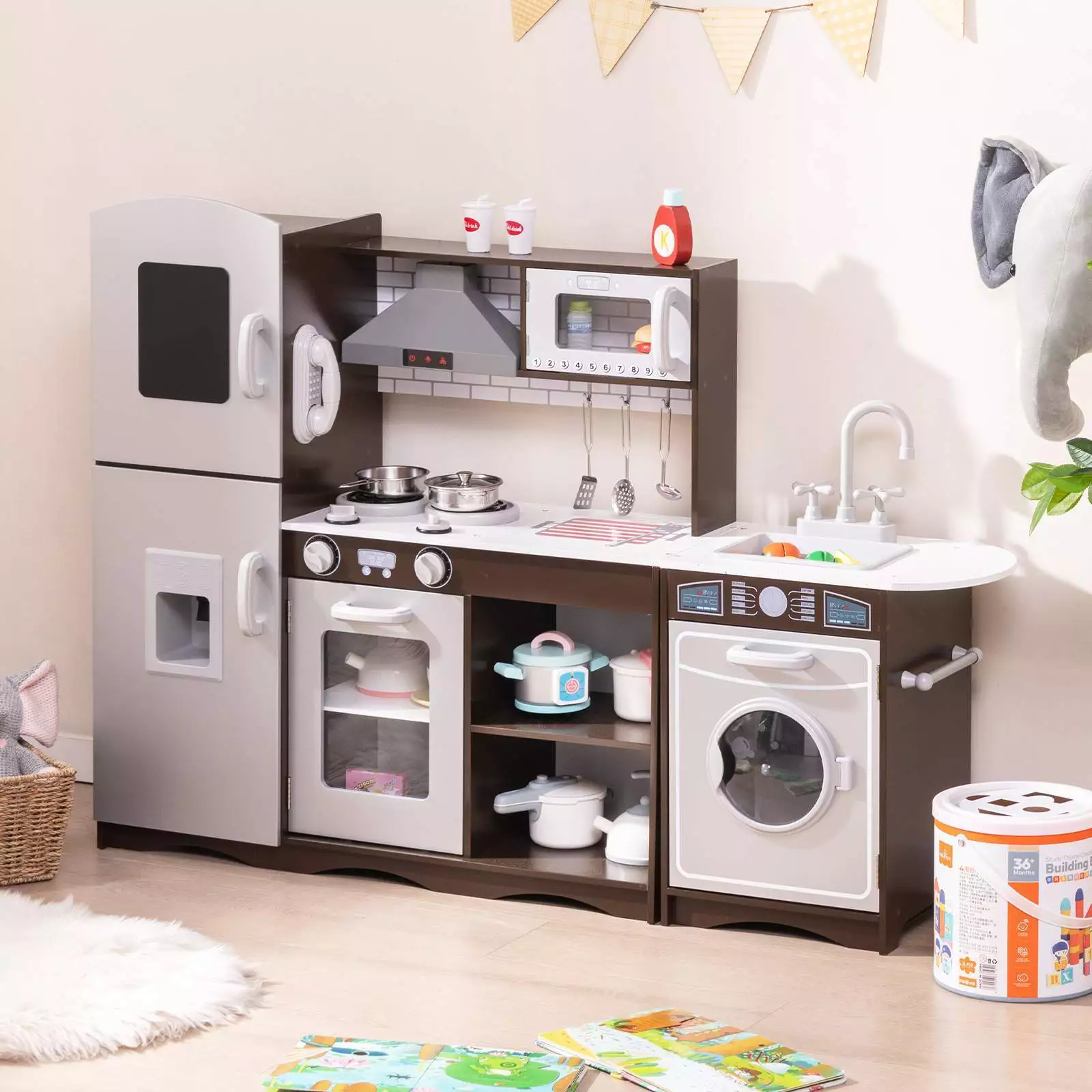 HONEY JOY Kids Kitchen Playset Wooden Corner Play Kitchen Cooking Stove Play Set - Image 3