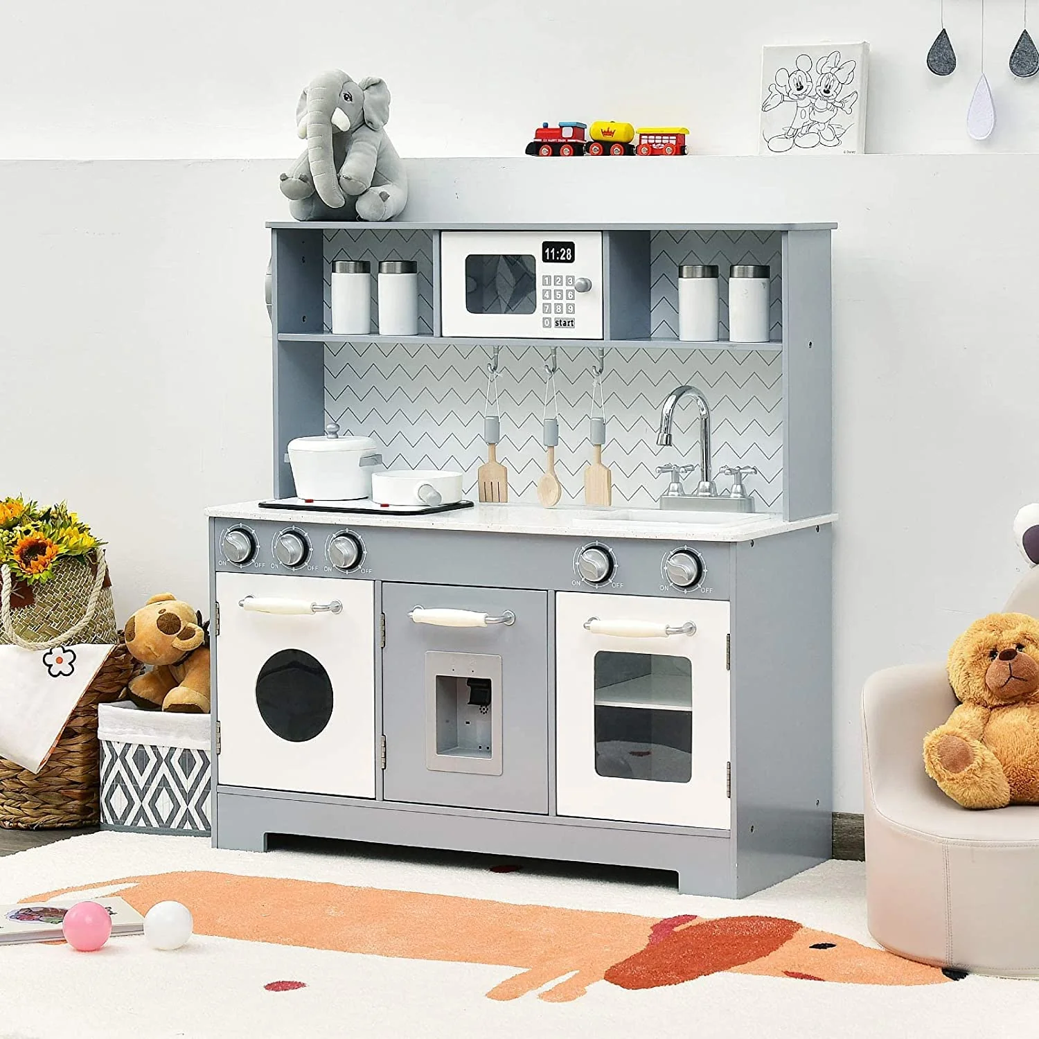 HONEY JOY Kids Kitchen Playset, Wooden Pretend Cooking Playset w/Stove, Fridge, Microwave - Image 2