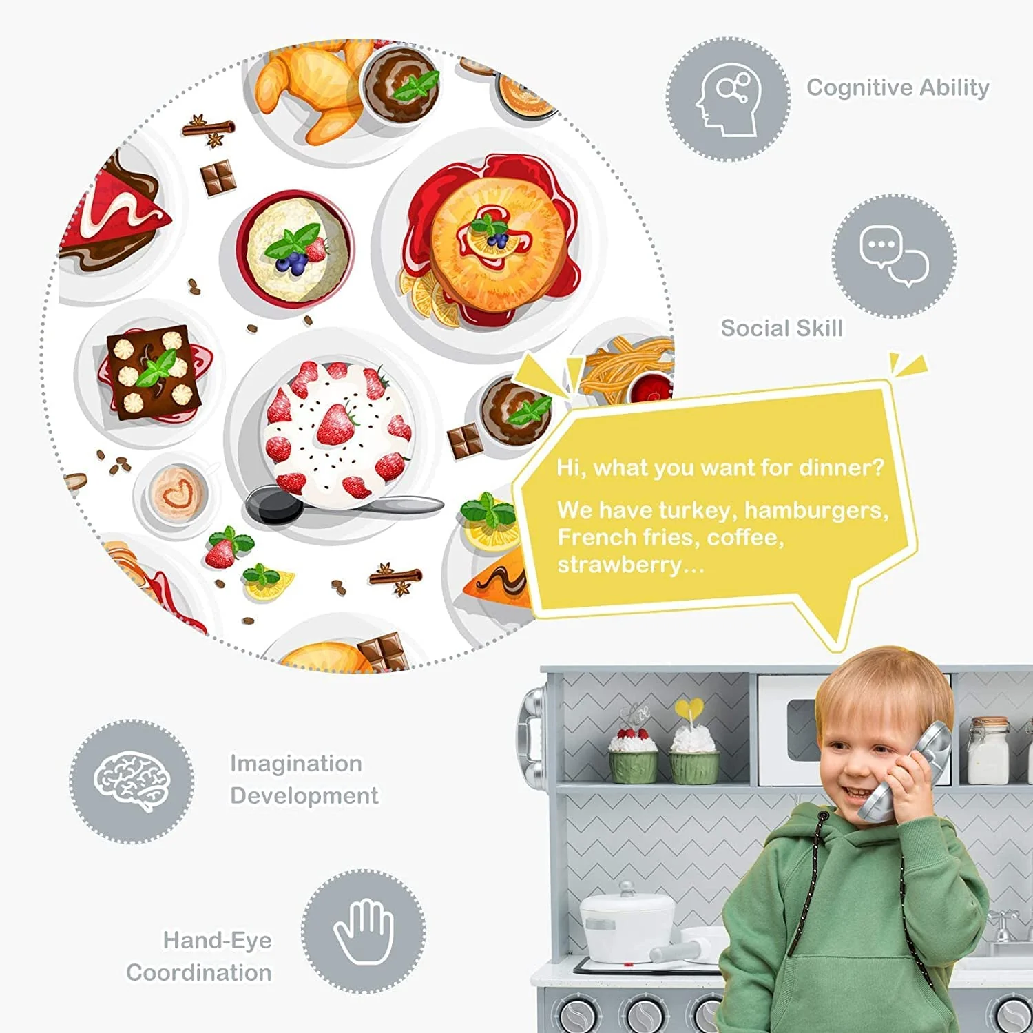 HONEY JOY Kids Kitchen Playset, Wooden Pretend Cooking Playset w/Stove, Fridge, Microwave - Image 5