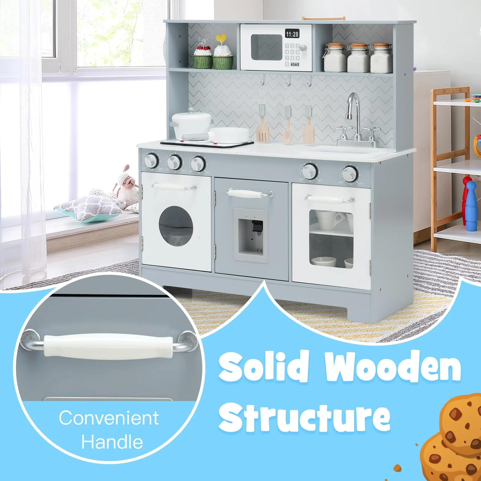 HONEY JOY Kids Kitchen Playset, Wooden Pretend Cooking Playset w/Stove, Fridge, Microwave - Image 9