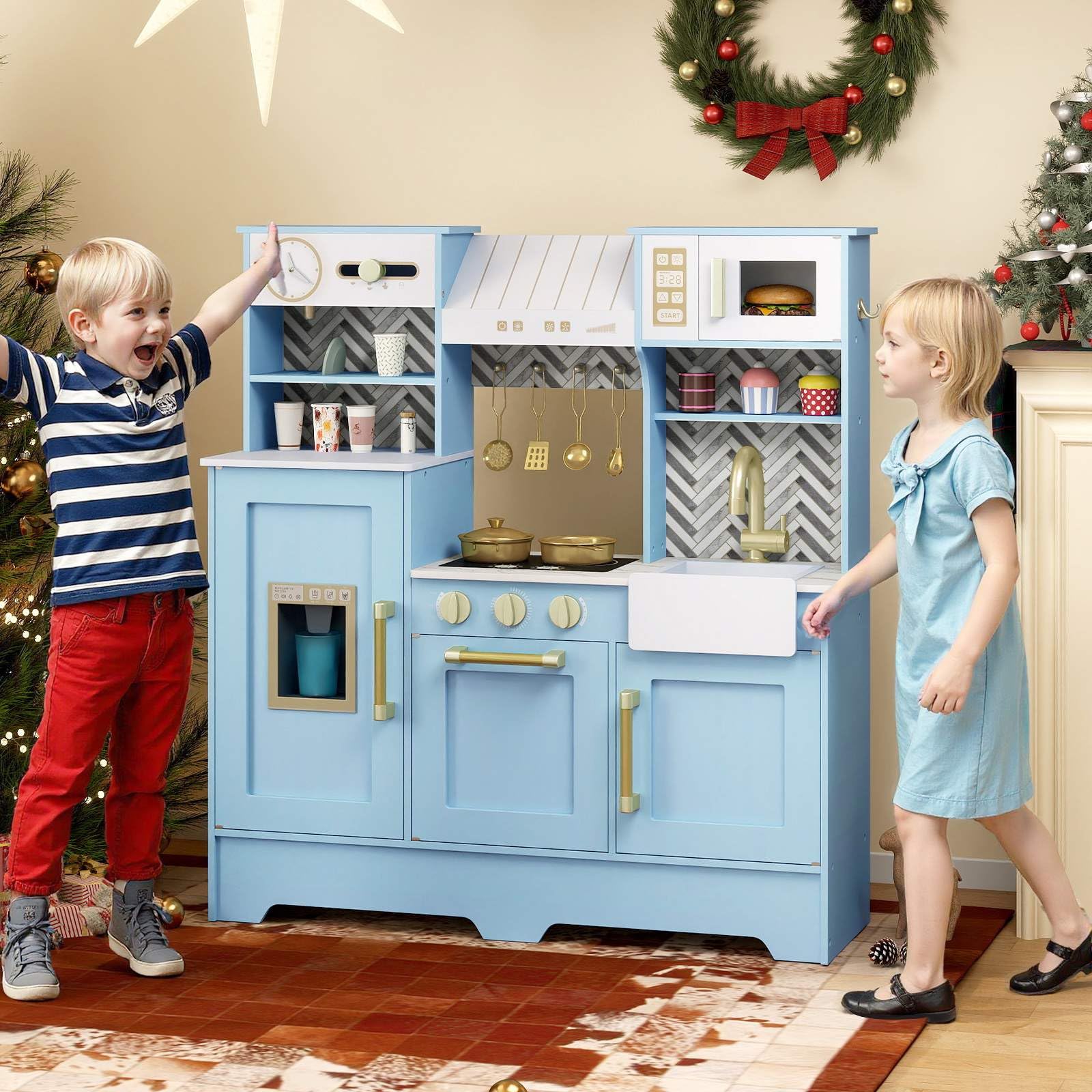 HONEY JOY Kids Kitchen Playset, Wooden Pretend Play Kitchen - Image 2