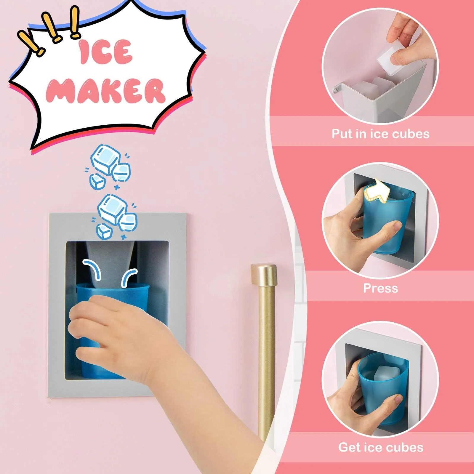 HONEY JOY Kids Kitchen Playset, Wooden Pretend Play Kitchen w/Ice Maker, Range Hood - Image 4