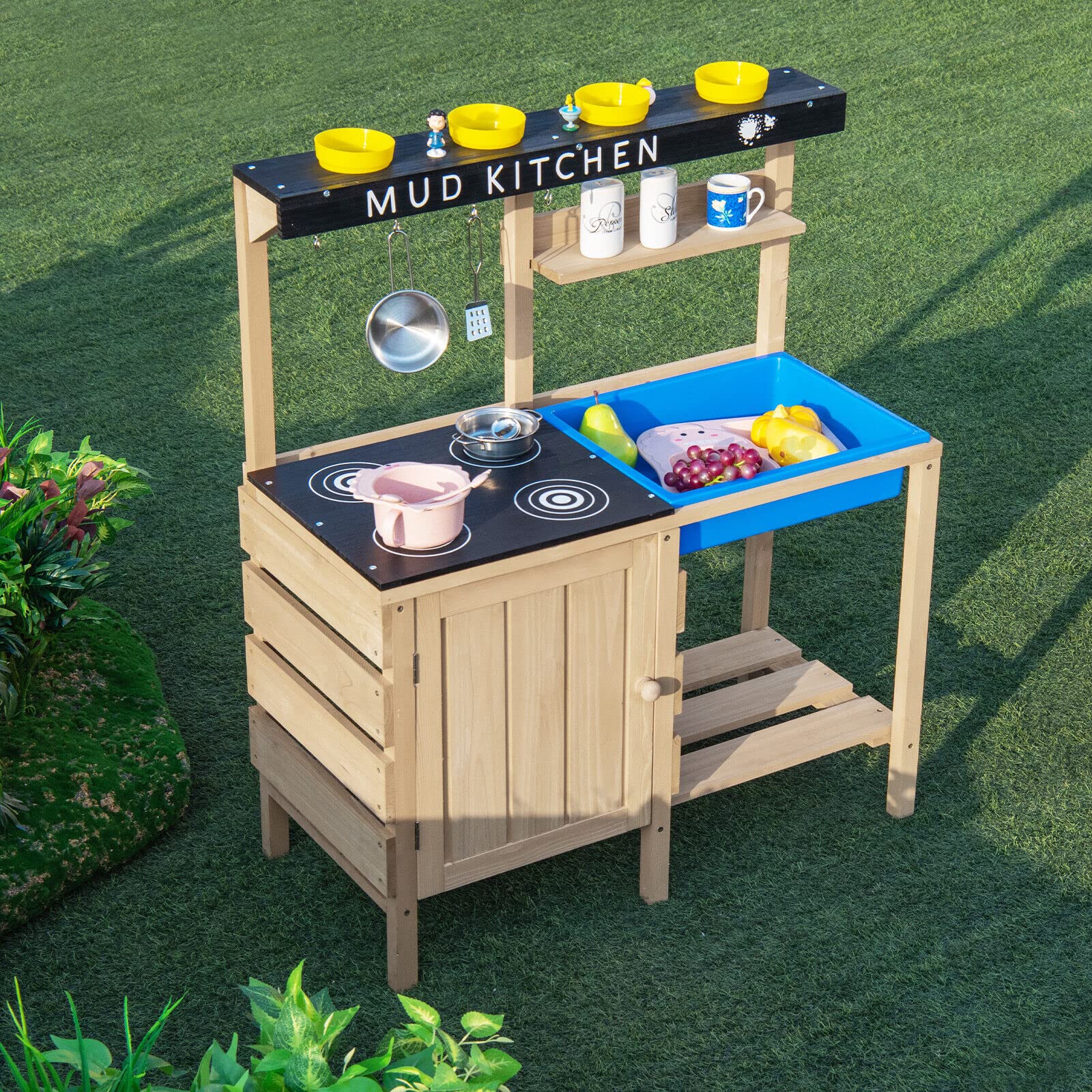 HONEY JOY Kids Kitchen Playset, Wooden Pretend Playset for Children w/Realistic Utensils - Image 2