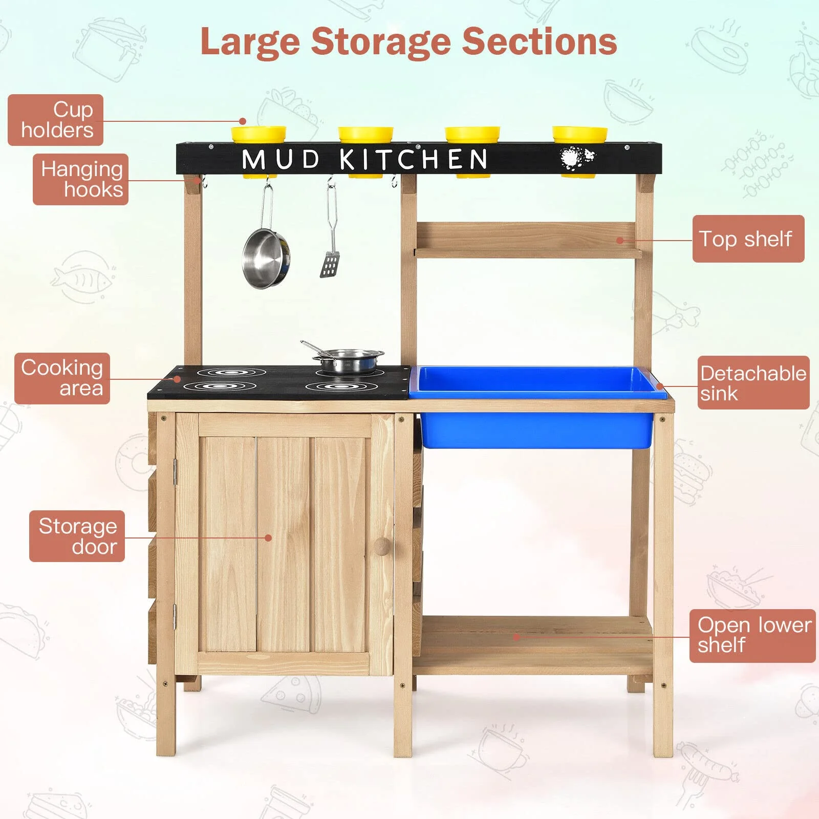 HONEY JOY Kids Kitchen Playset, Wooden Pretend Playset for Children w/Realistic Utensils - Image 4