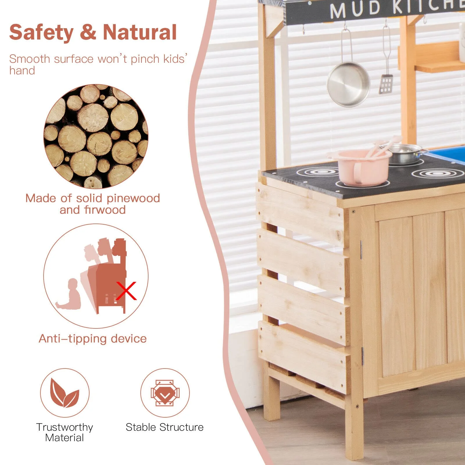 HONEY JOY Kids Kitchen Playset, Wooden Pretend Playset for Children w/Realistic Utensils - Image 5