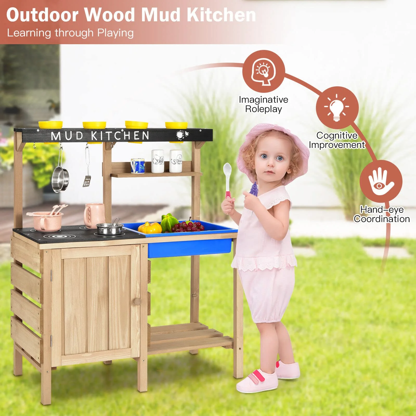 HONEY JOY Kids Kitchen Playset, Wooden Pretend Playset for Children w/Realistic Utensils - Image 7