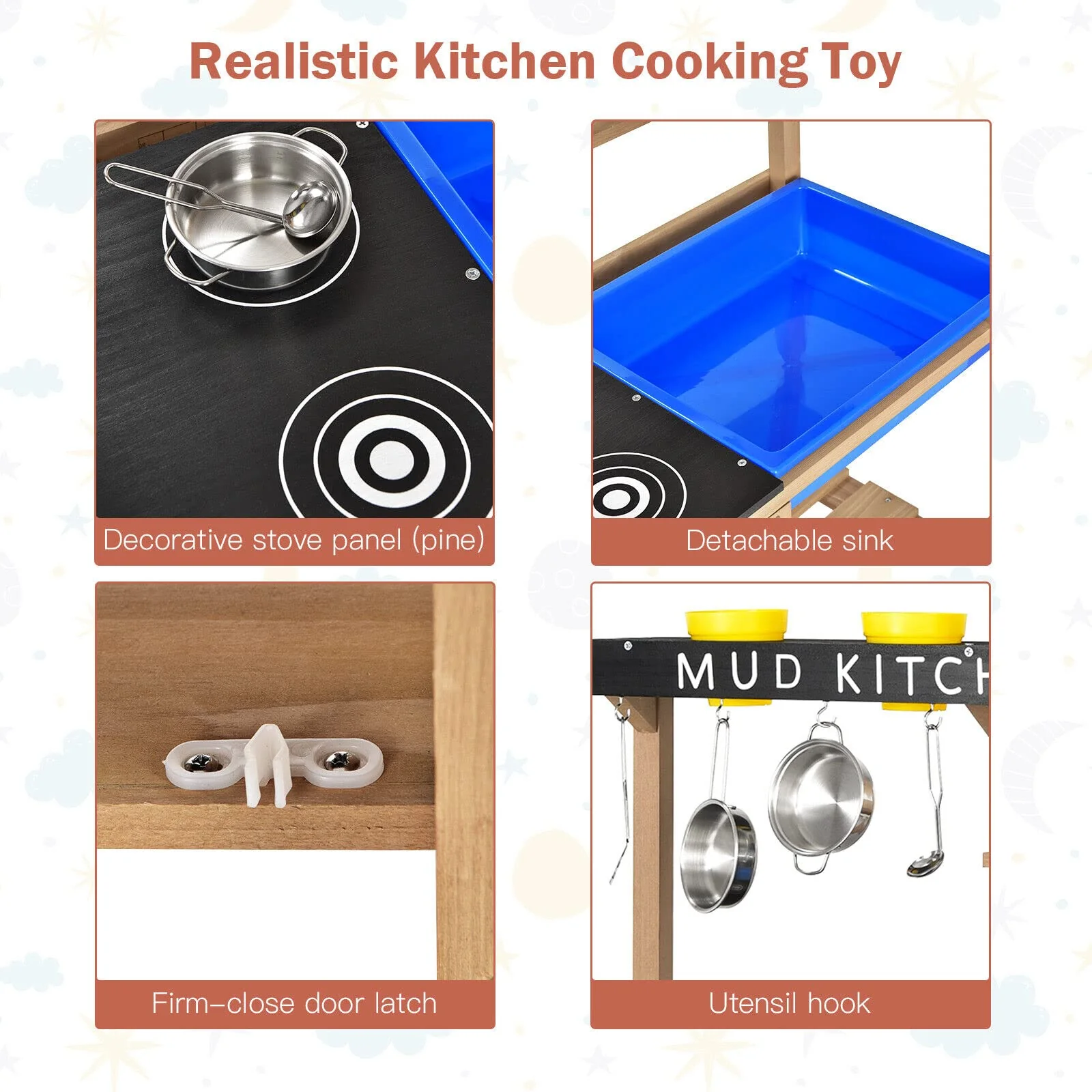HONEY JOY Kids Kitchen Playset, Wooden Pretend Playset for Children w/Realistic Utensils - Image 9