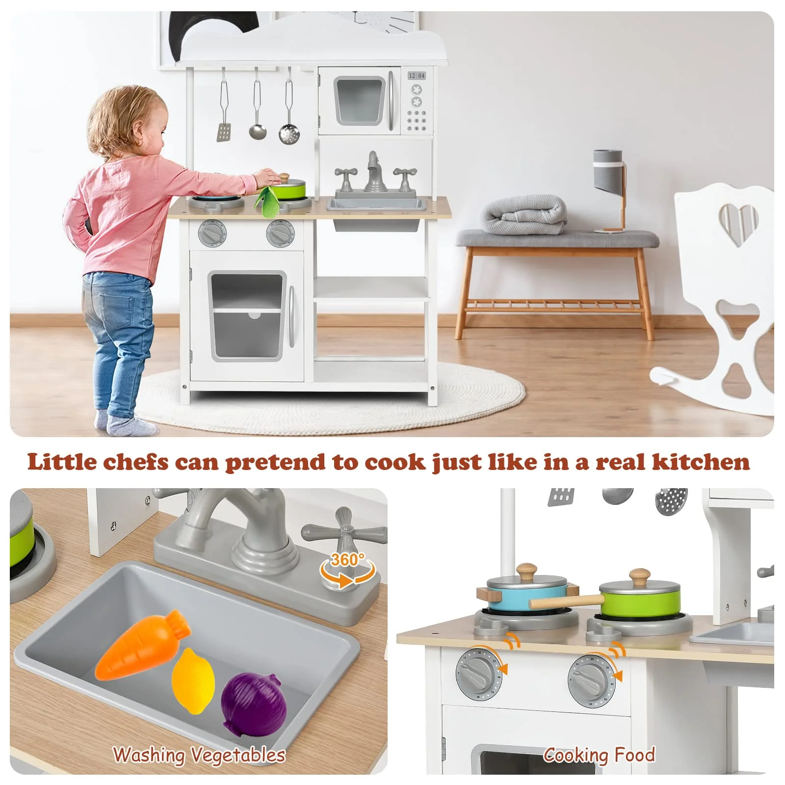HONEY JOY Kids Kitchen Playset, Wooden Pretend Playset for Toddlers w/Sink, Oven, Microwave, Stove, Pots, Utensils - Image 3