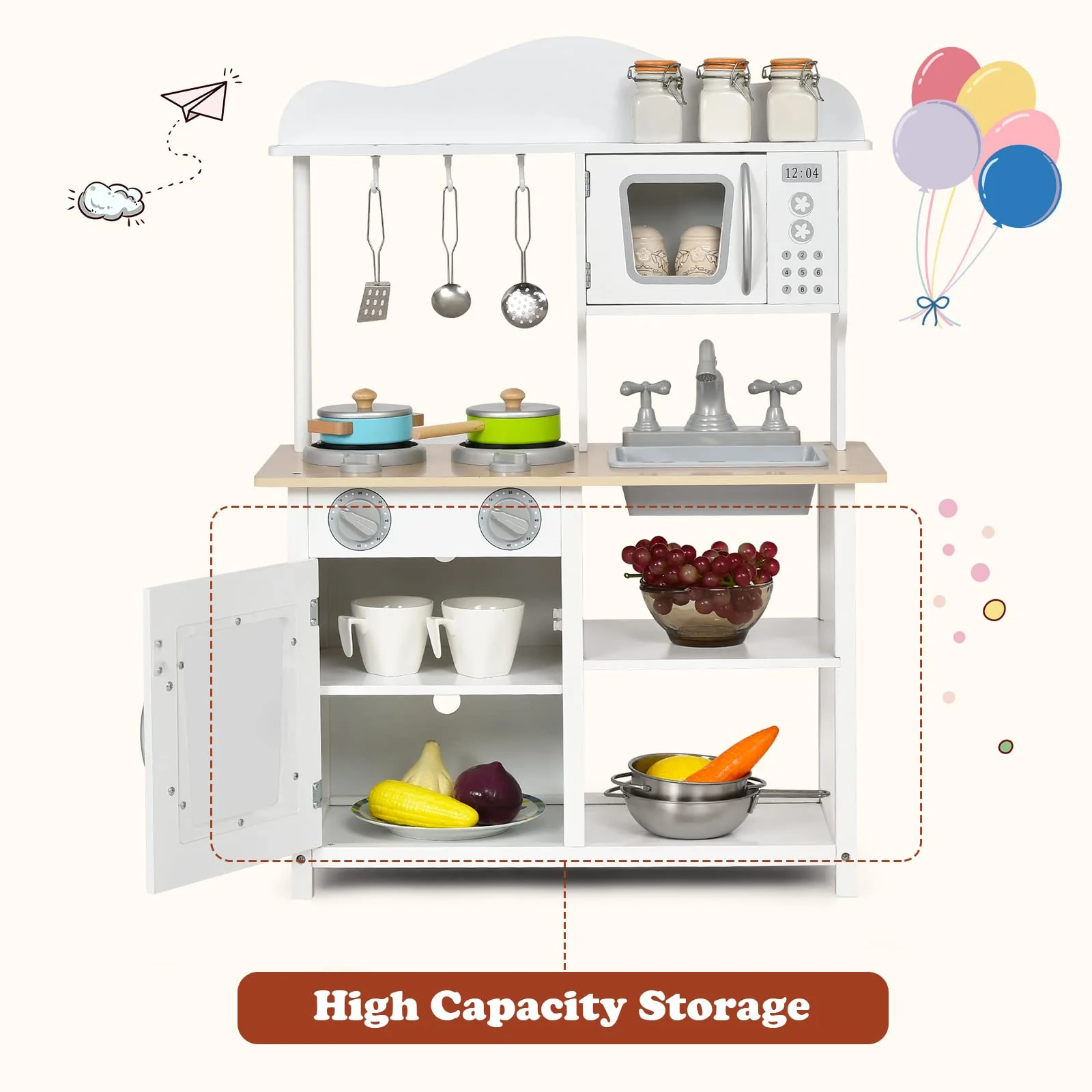HONEY JOY Kids Kitchen Playset, Wooden Pretend Playset for Toddlers w/Sink, Oven, Microwave, Stove, Pots, Utensils - Image 5