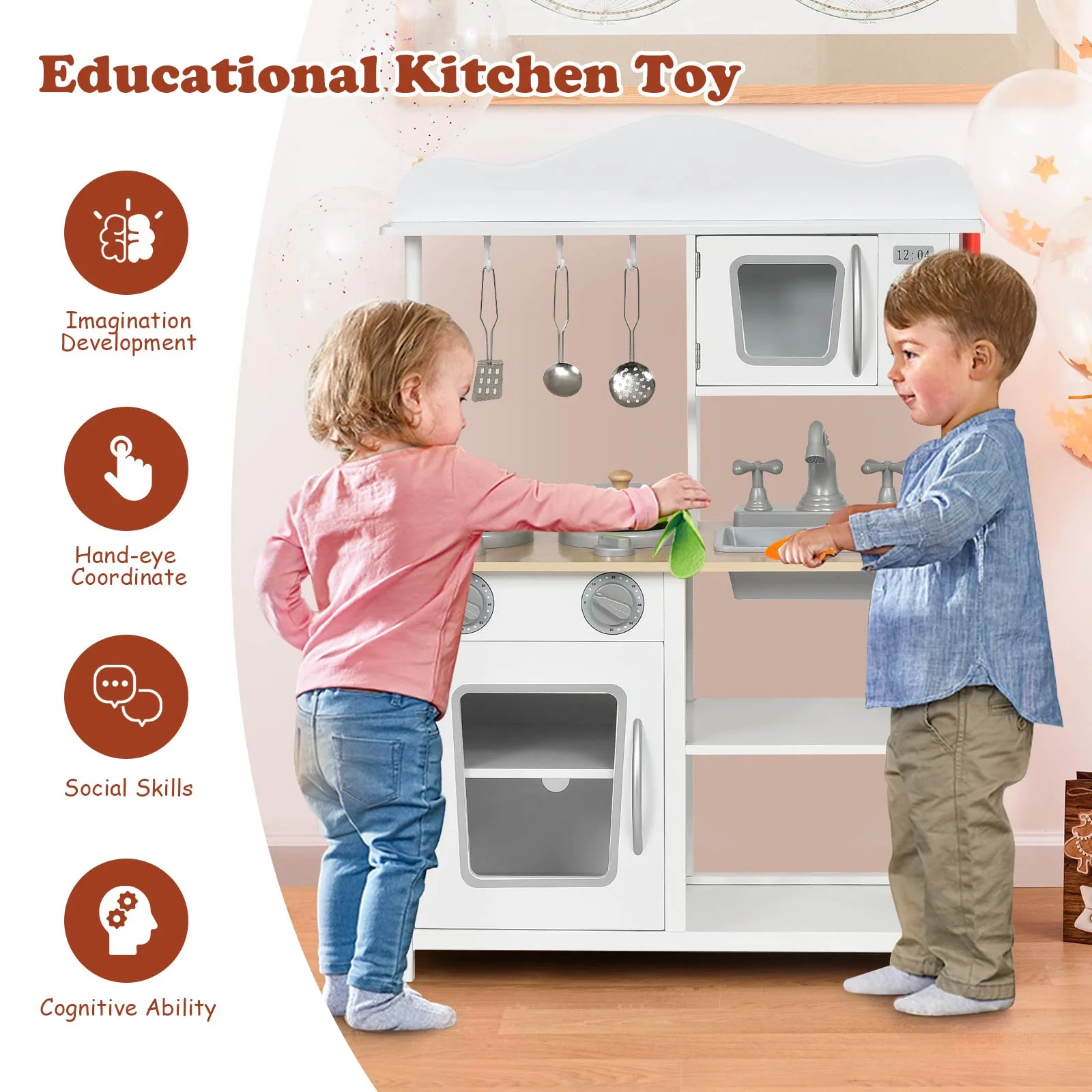 HONEY JOY Kids Kitchen Playset, Wooden Pretend Playset for Toddlers w/Sink, Oven, Microwave, Stove, Pots, Utensils - Image 6