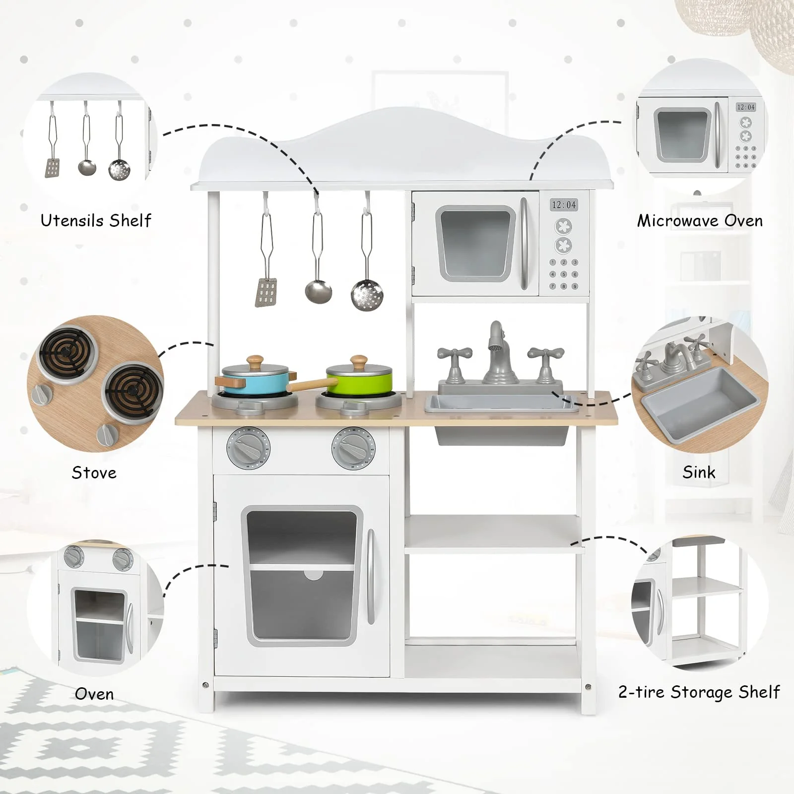 HONEY JOY Kids Kitchen Playset, Wooden Pretend Playset for Toddlers w/Sink, Oven, Microwave, Stove, Pots, Utensils - Image 9
