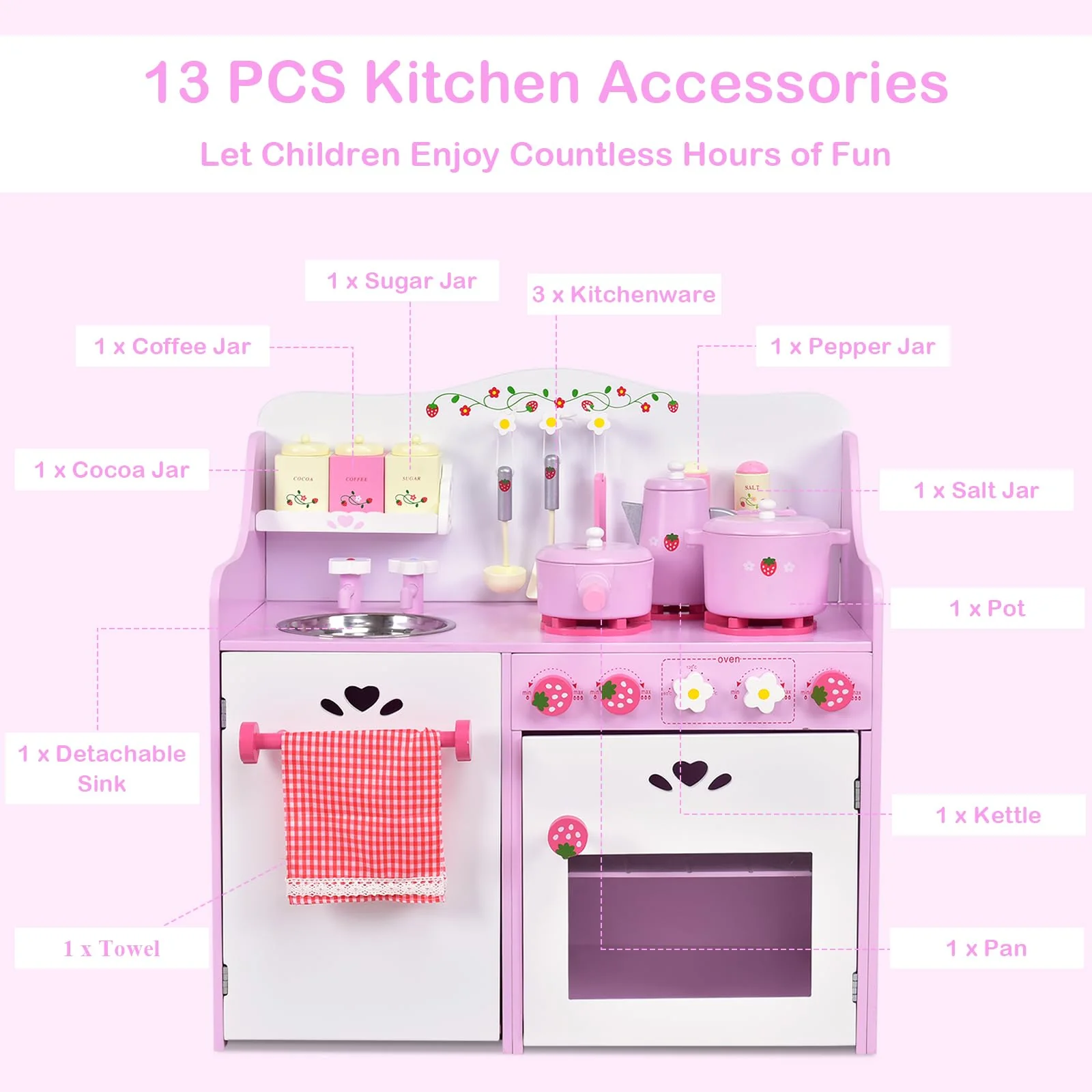 HONEY JOY Kids Kitchen Playset, Wooden Strawberry Themed Pretend Play Set for Children - Image 3