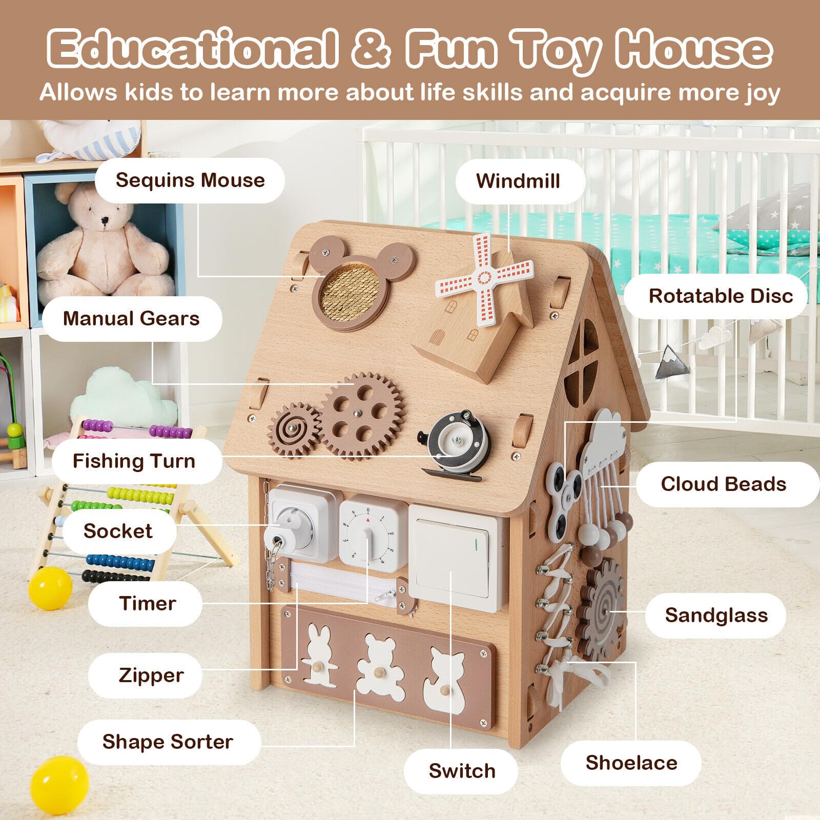 HONEY JOY Kids Montessori Busy House Toy, Wooden Multi-Purpose Play House w/Interior Storage Space - Image 3