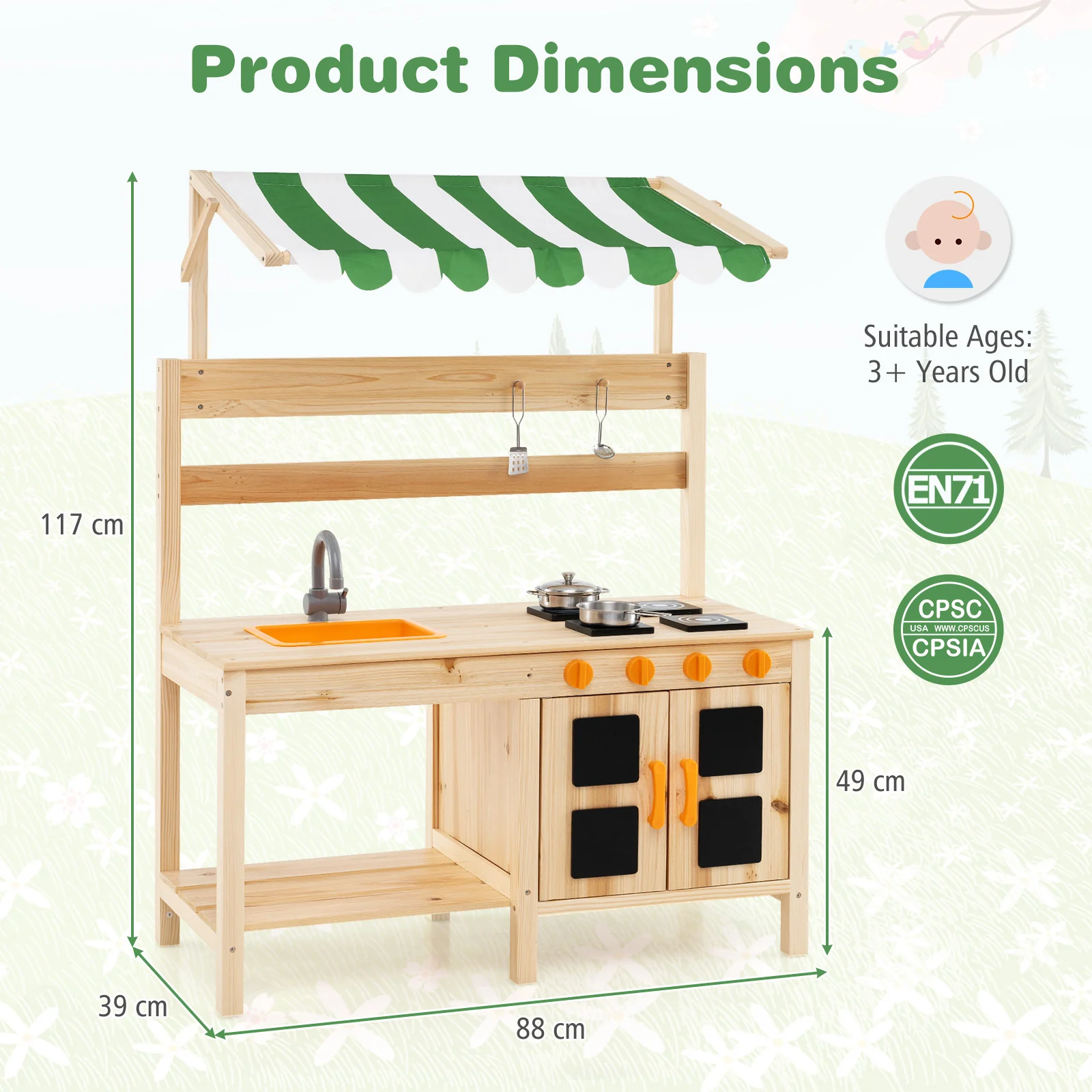 HONEY JOY Kids Mud Kitchen with Canopy, Outdoor Wooden Pretend Play Kitchen w/ 4 Stoves, Sink - Image 10