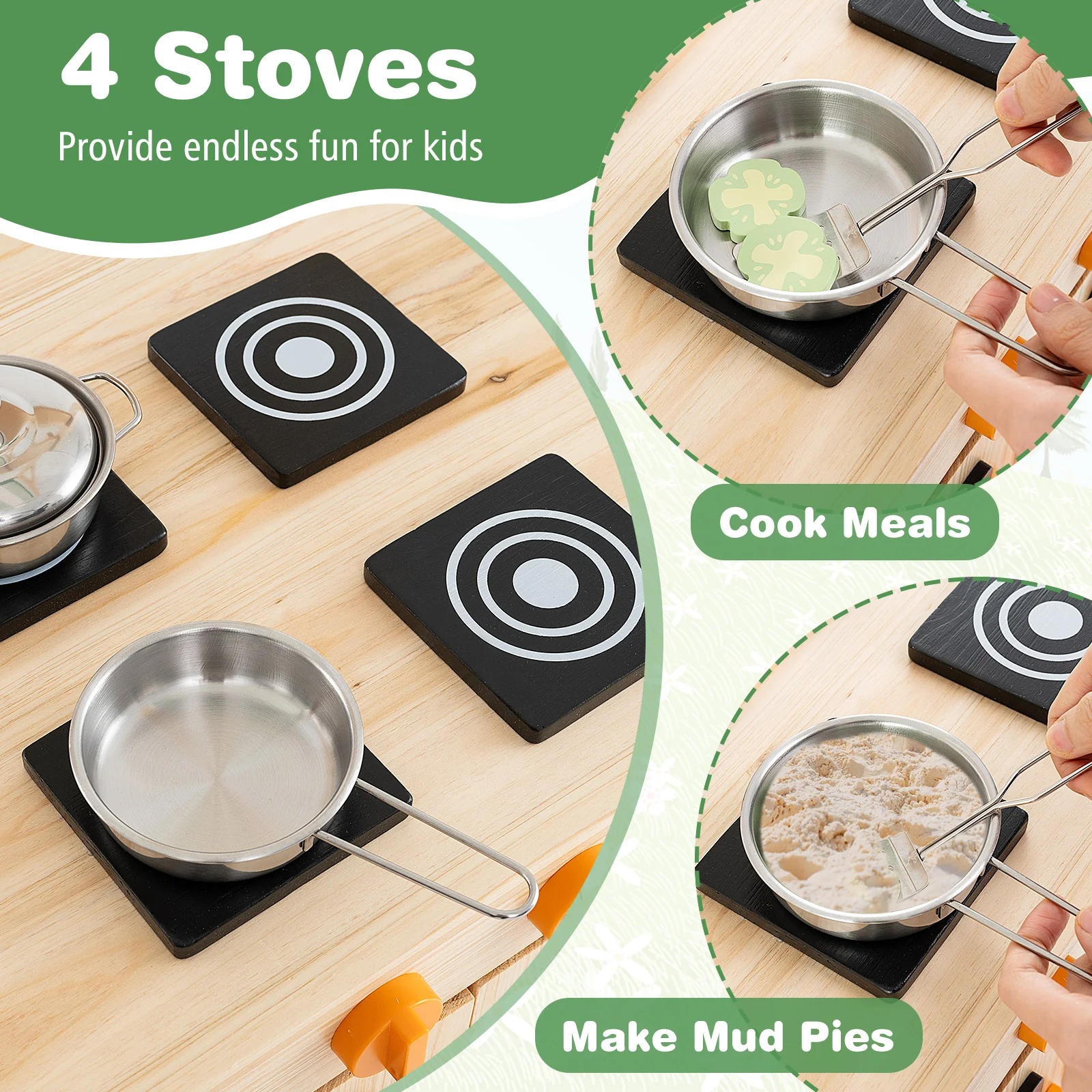 HONEY JOY Kids Mud Kitchen with Canopy, Outdoor Wooden Pretend Play Kitchen w/ 4 Stoves, Sink - Image 3