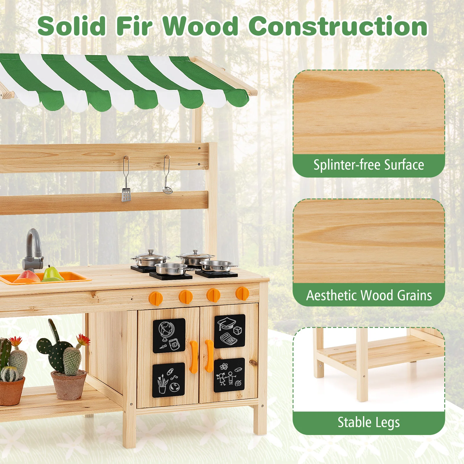 HONEY JOY Kids Mud Kitchen with Canopy, Outdoor Wooden Pretend Play Kitchen w/ 4 Stoves, Sink - Image 4