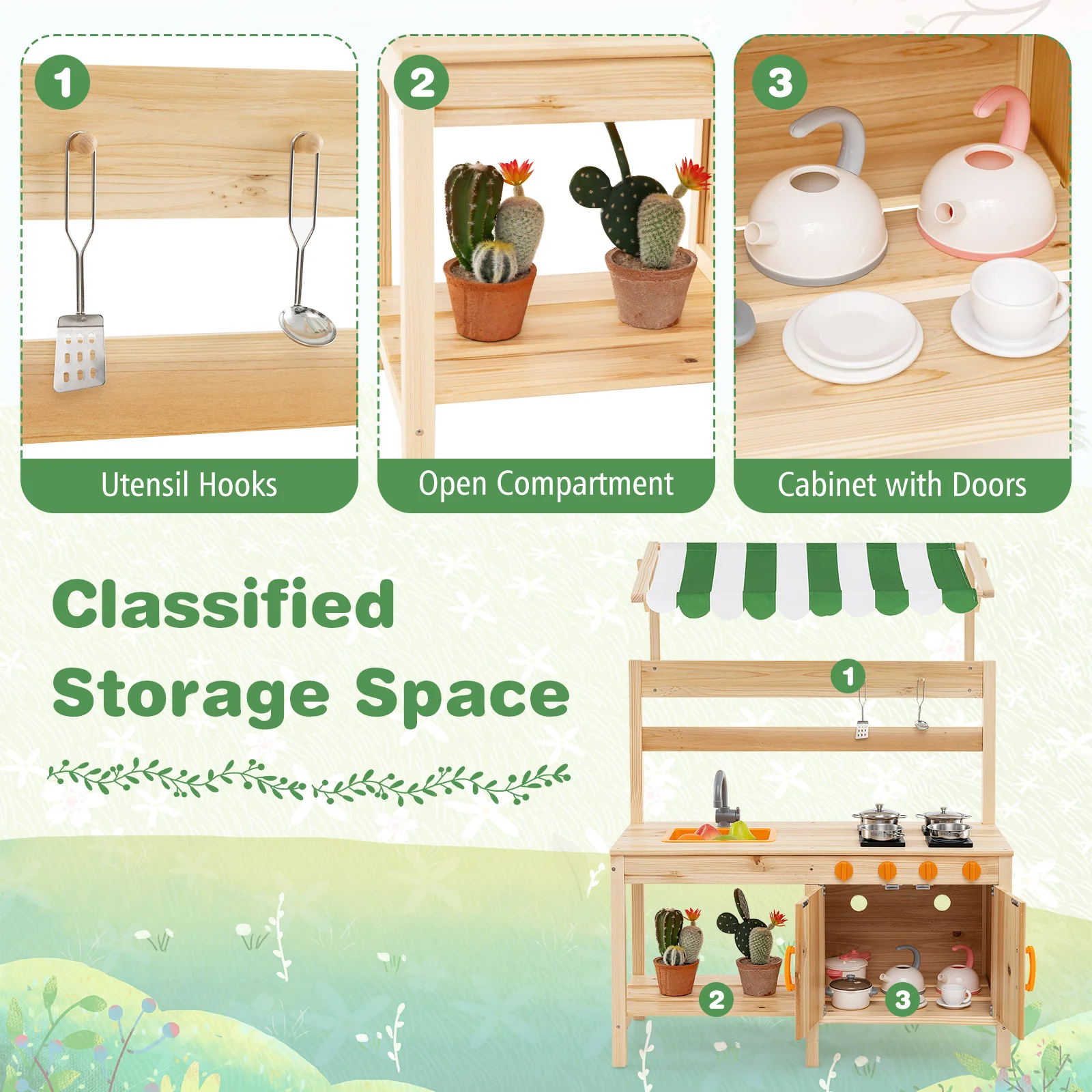 HONEY JOY Kids Mud Kitchen with Canopy, Outdoor Wooden Pretend Play Kitchen w/ 4 Stoves, Sink - Image 6