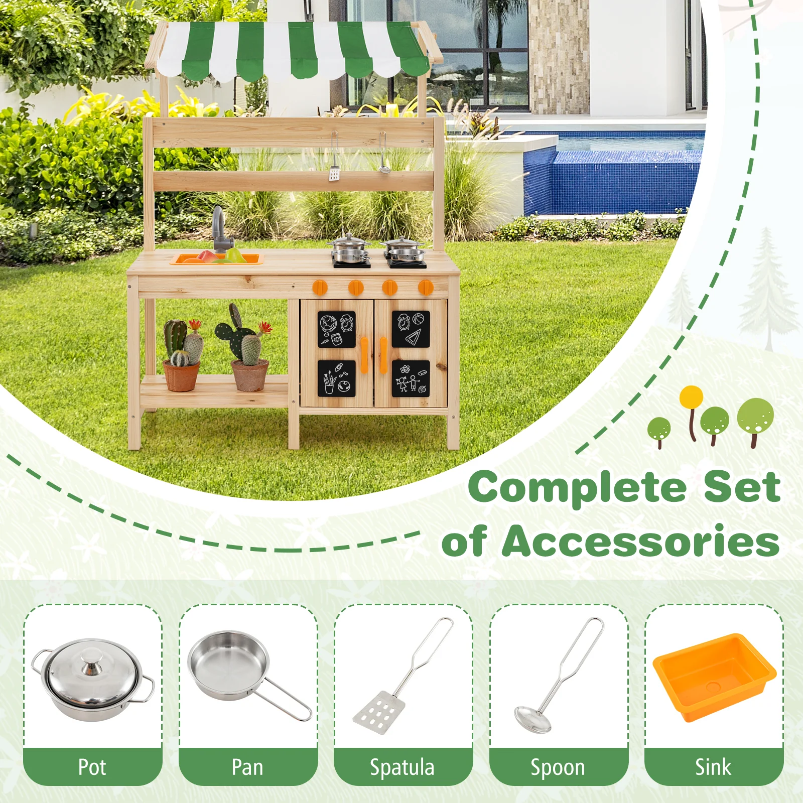 HONEY JOY Kids Mud Kitchen with Canopy, Outdoor Wooden Pretend Play Kitchen w/ 4 Stoves, Sink - Image 7