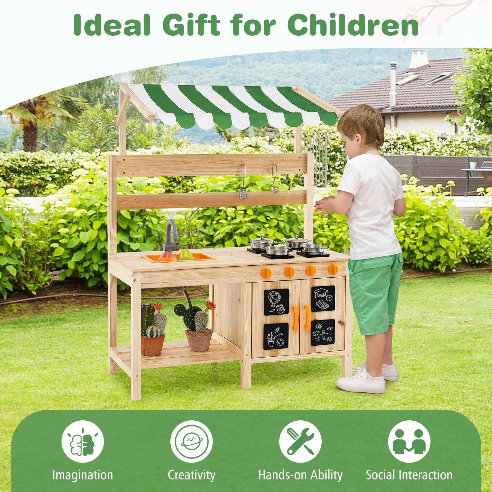 HONEY JOY Kids Mud Kitchen with Canopy, Outdoor Wooden Pretend Play Kitchen w/ 4 Stoves, Sink - Image 8