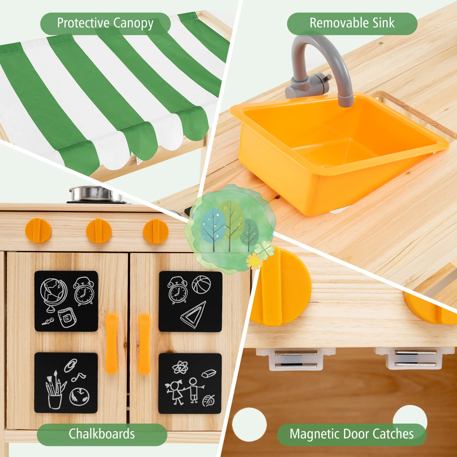HONEY JOY Kids Mud Kitchen with Canopy, Outdoor Wooden Pretend Play Kitchen w/ 4 Stoves, Sink - Image 9