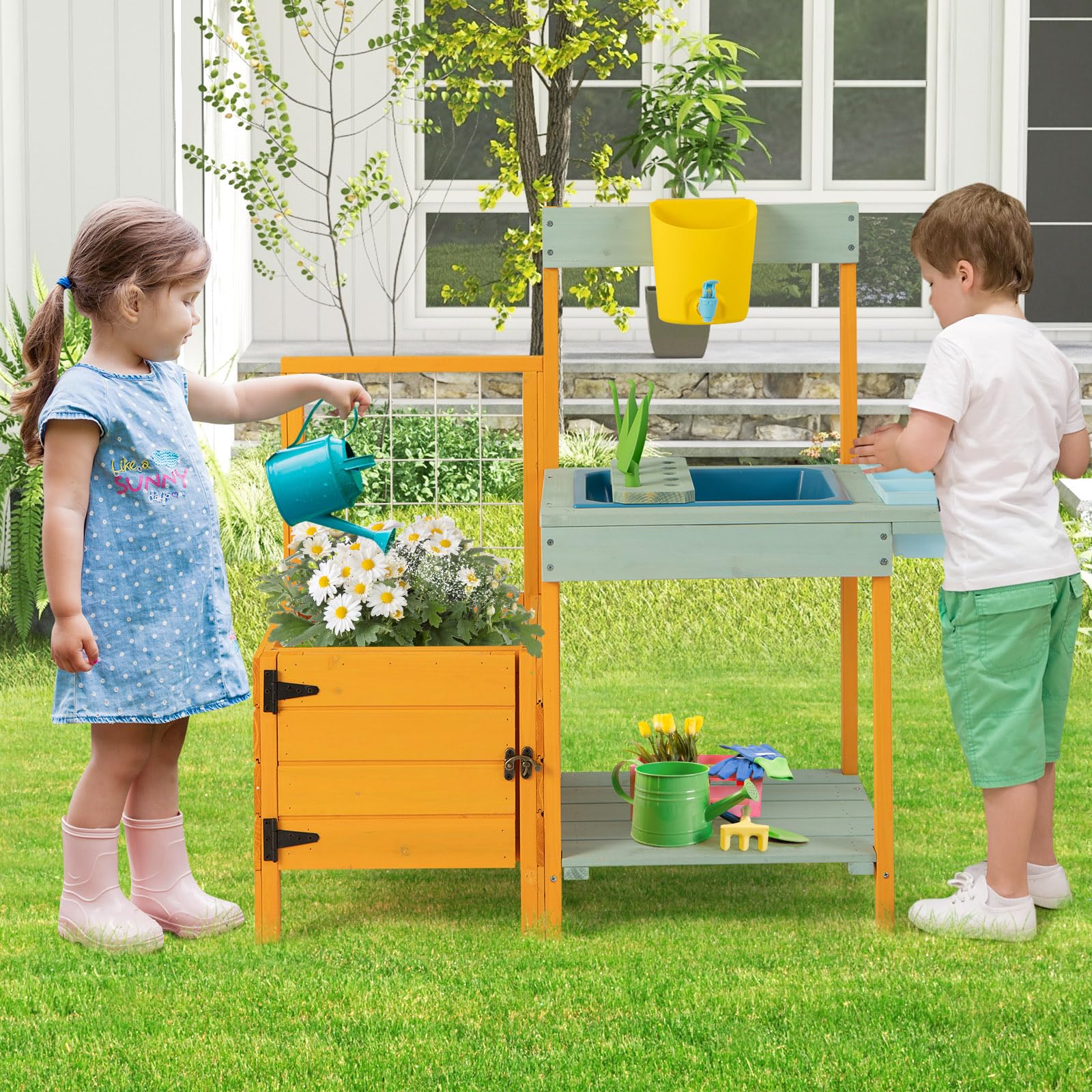 HONEY JOY Kids Outdoor Potting Bench w/See-Through Window, Planter Box and Garden Trellis - Image 2