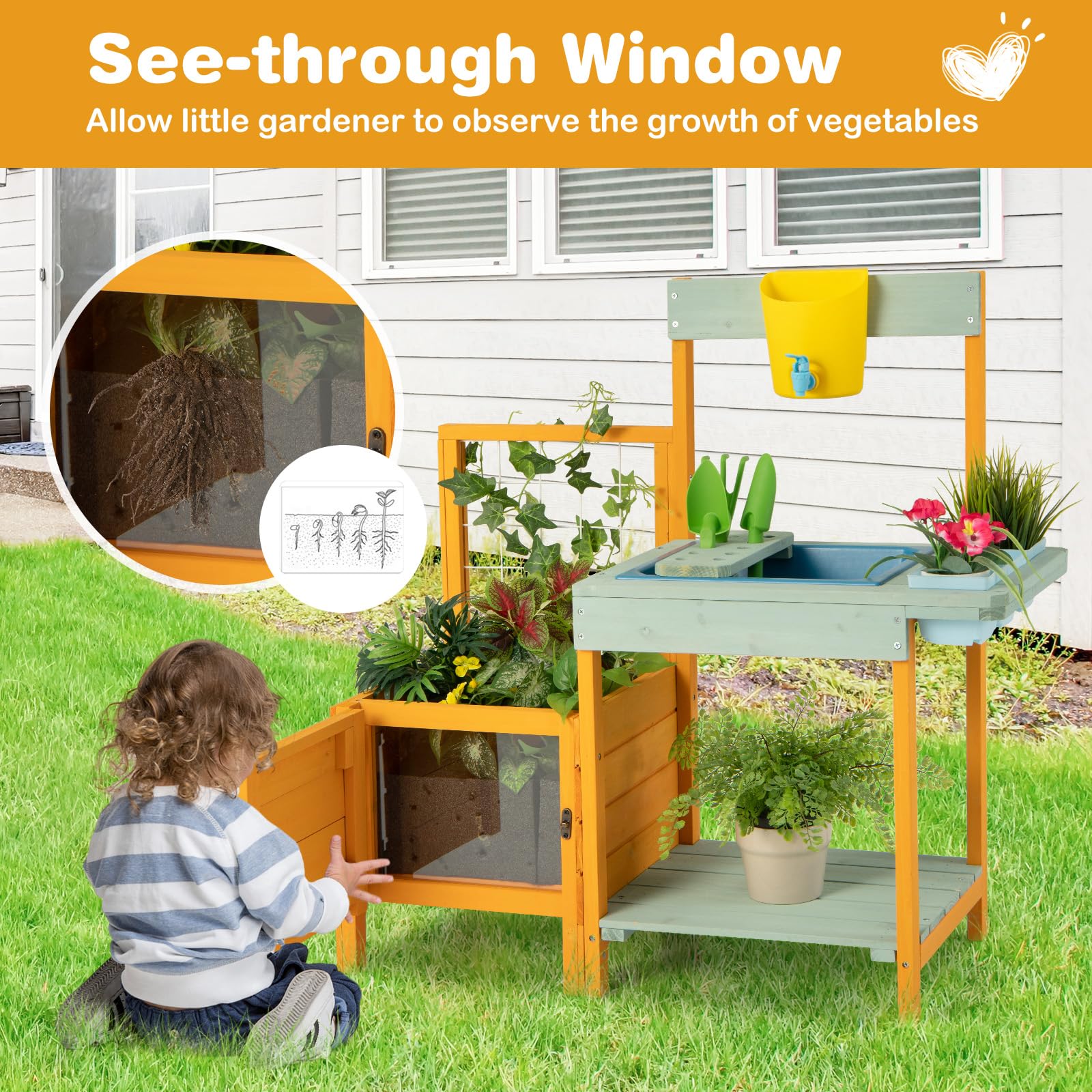 HONEY JOY Kids Outdoor Potting Bench w/See-Through Window, Planter Box and Garden Trellis - Image 4