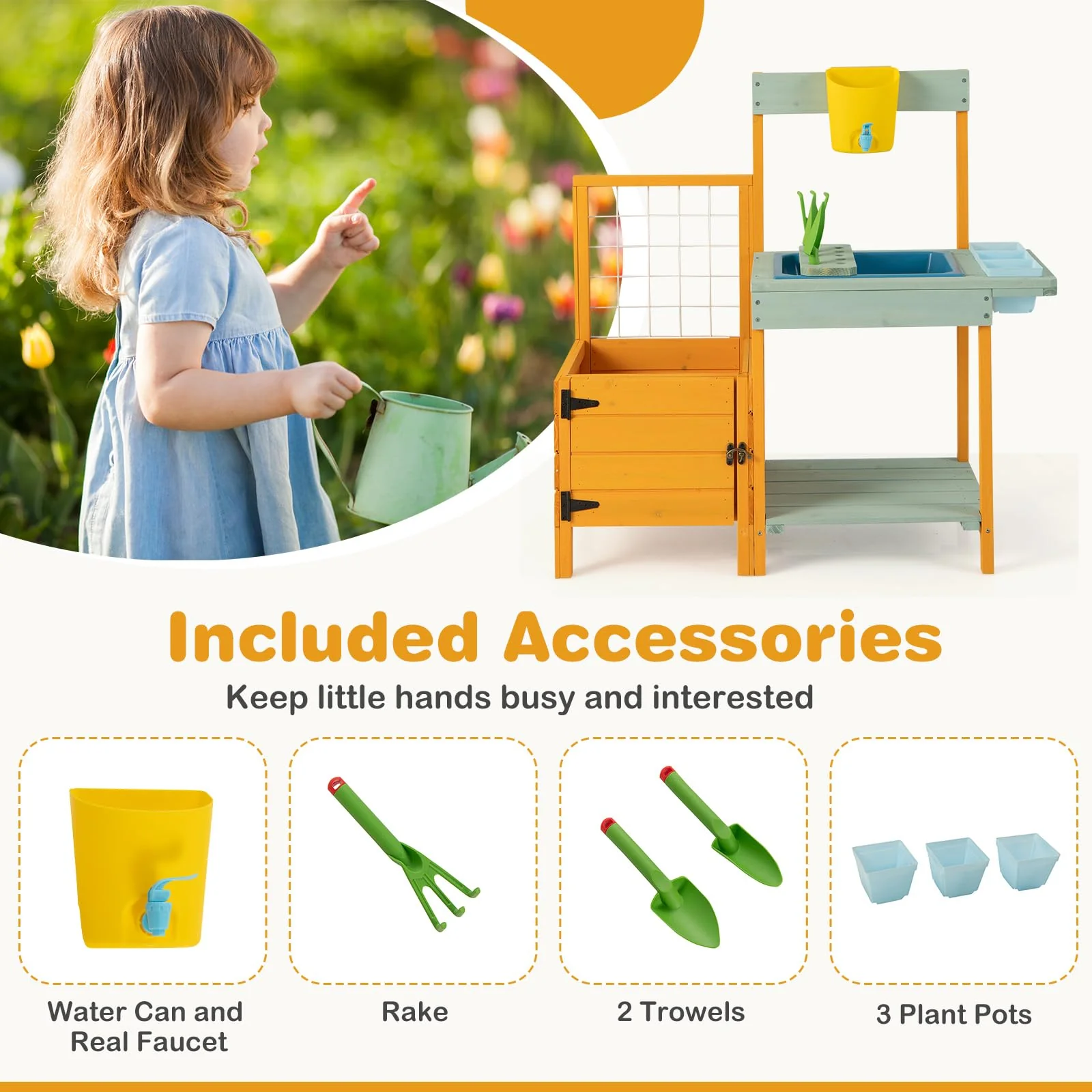 HONEY JOY Kids Outdoor Potting Bench w/See-Through Window, Planter Box and Garden Trellis - Image 8