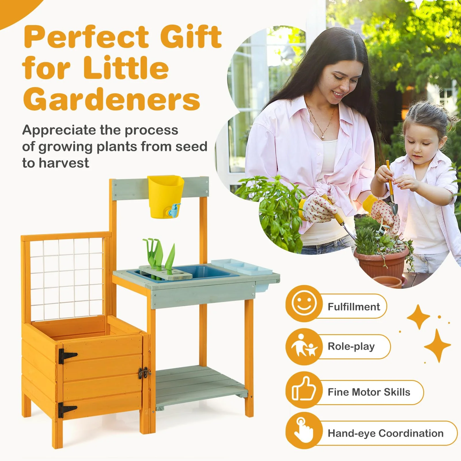 HONEY JOY Kids Outdoor Potting Bench w/See-Through Window, Planter Box and Garden Trellis - Image 9