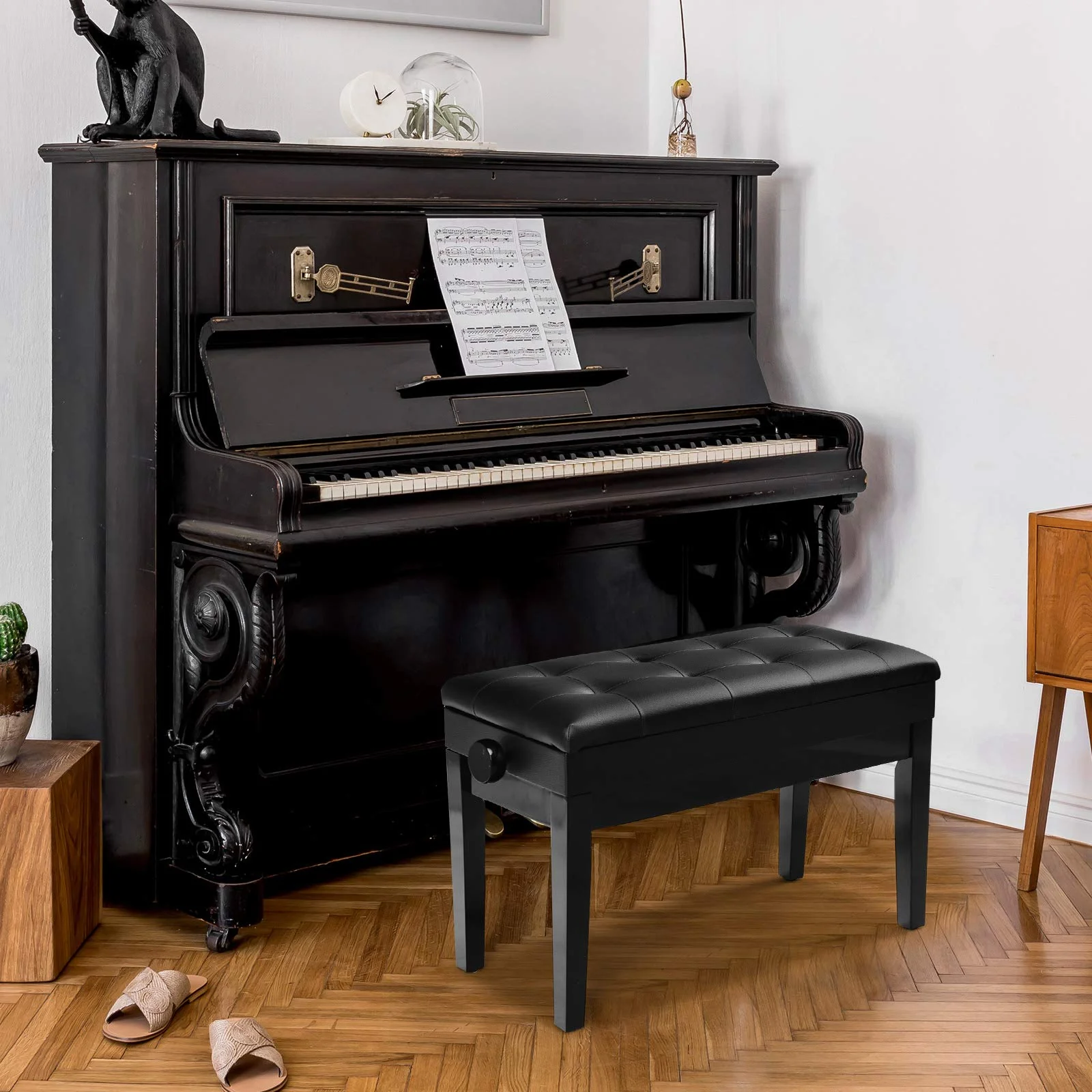 HONEY JOY Kids Piano Stool, Height-Adjustable Piano Bench w/Double Seat for 2 People, Solid Wood & PU Leather Piano Seat - Image 4